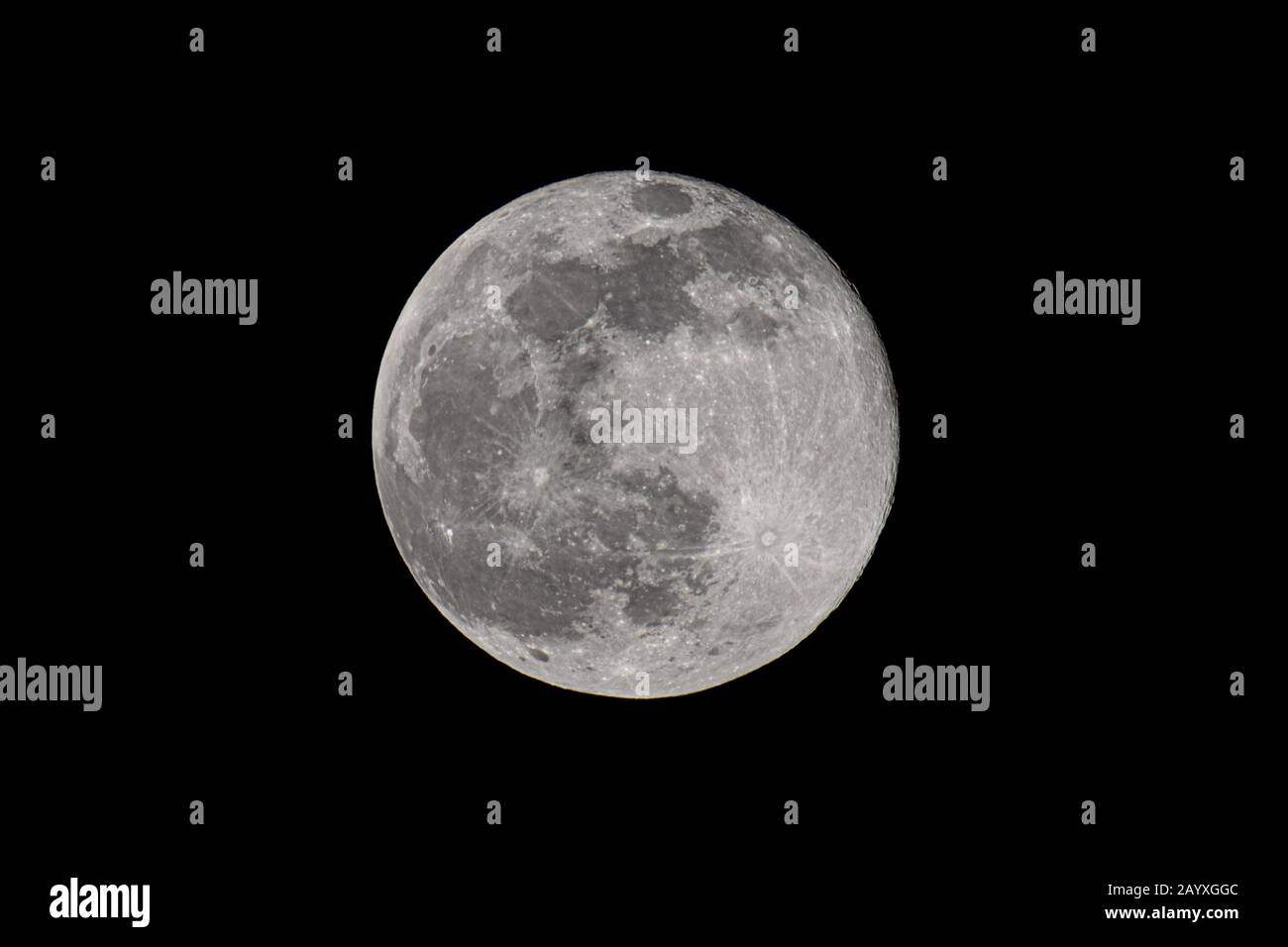 La luna grande nella sua fase piena con crateri dettagliati visibili sui suoi bordi, il tutto in uno sfondo nero Foto Stock