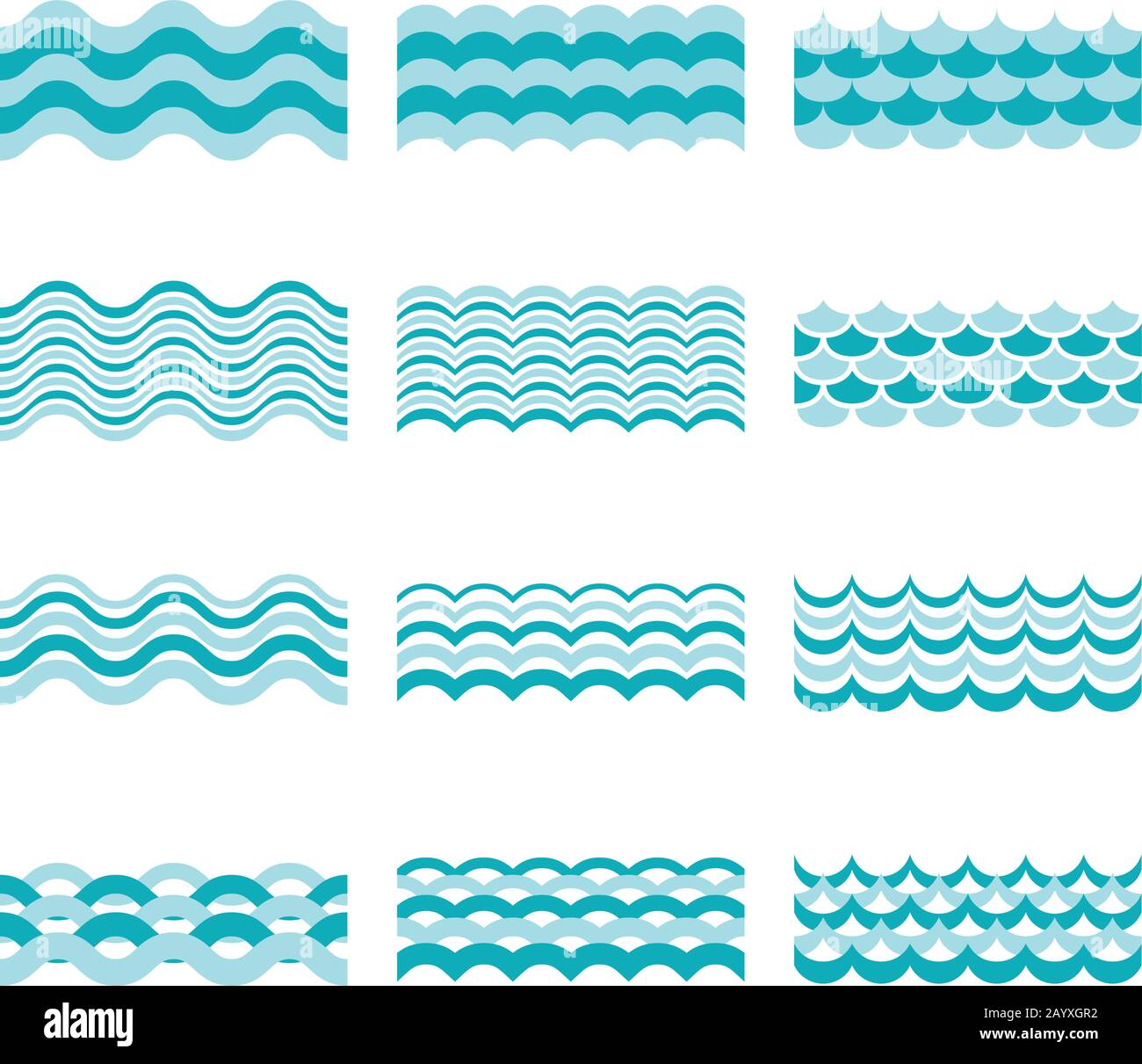 Pattern vettoriali con onde blu senza cuciture. Illustrazione del set di onde d'acqua del mare e dell'elemento con motivo blu d'onda Illustrazione Vettoriale