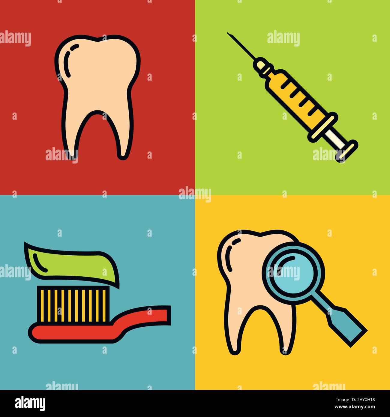 Odontoiatria medico icone cartone animato su sfondo a colori. Elementi dentari colorati. Illustrazione del vettore Illustrazione Vettoriale