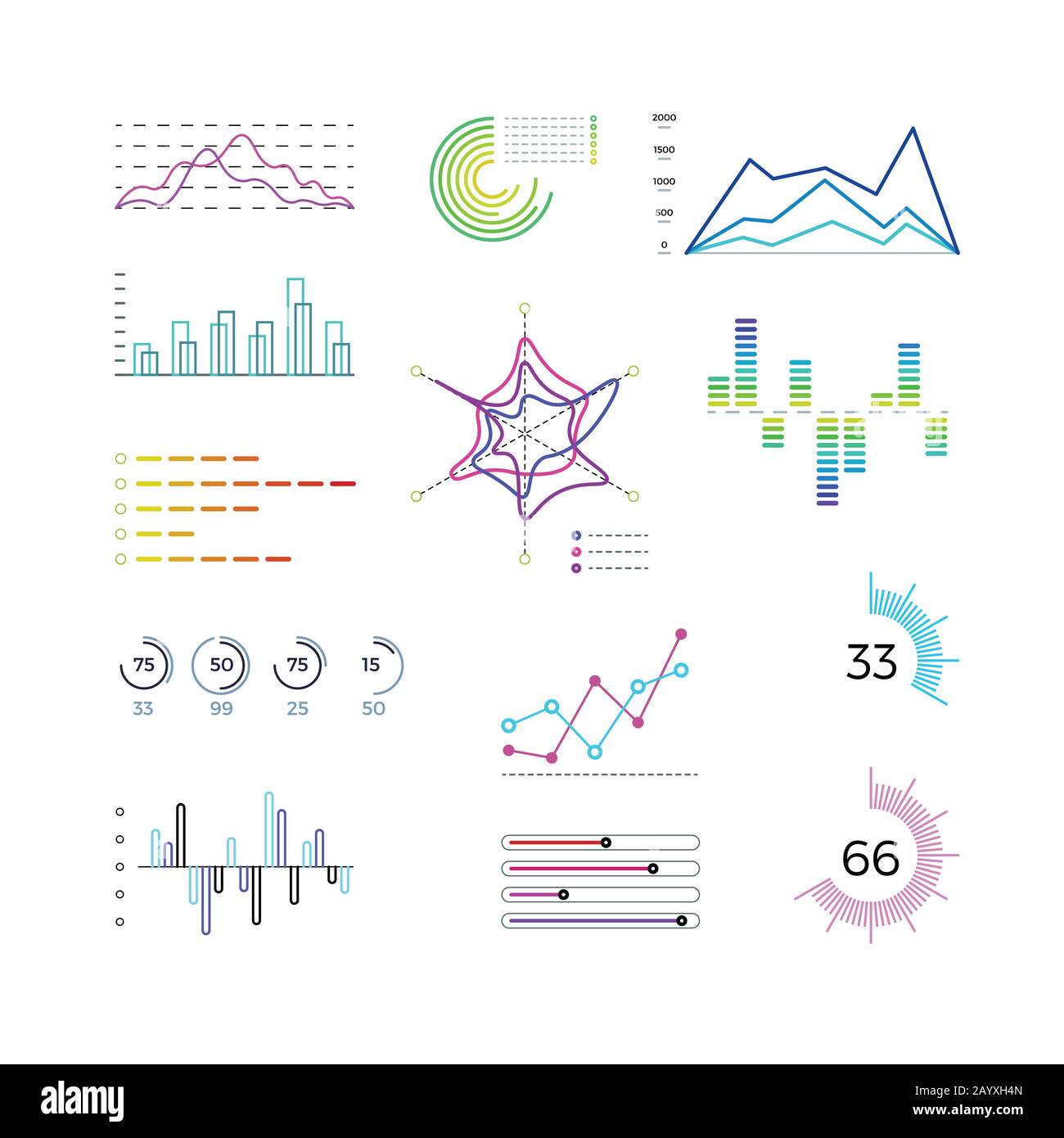 Elementi grafici a linee sottili per l'infografica. Schemi di contorno e modelli vettoriali di grafici lineari. Grafici e diagrammi per report o presentazioni aziendali Illustrazione Vettoriale