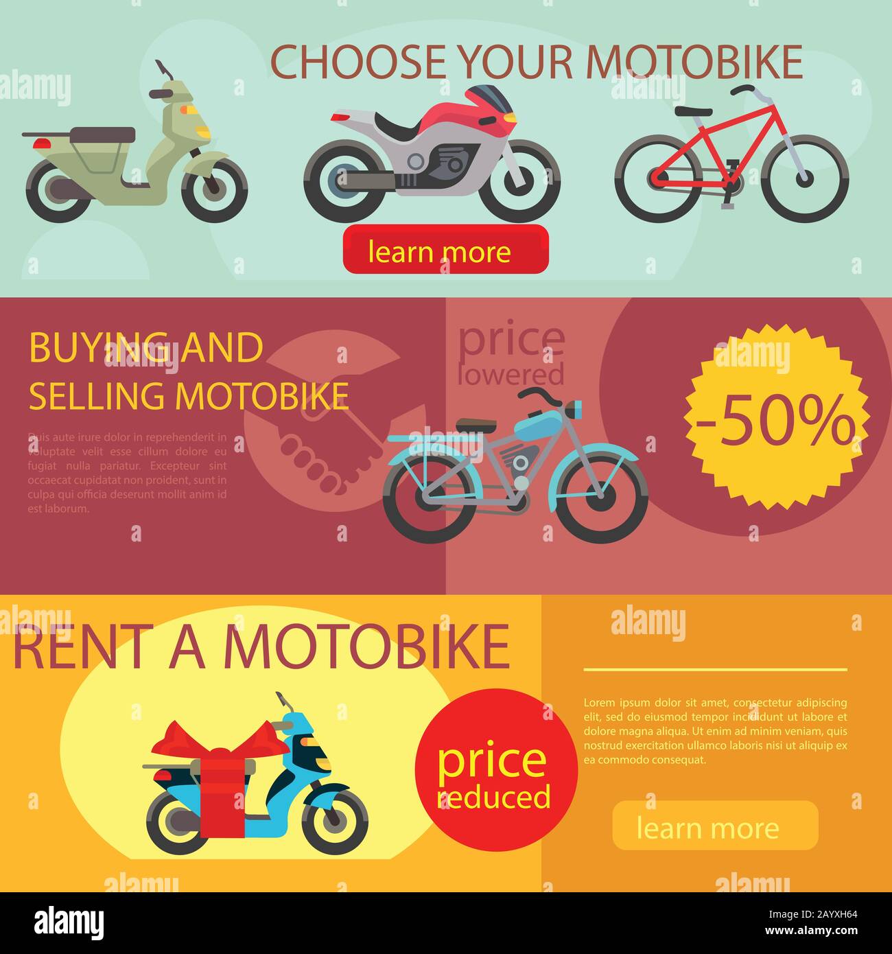 Vettore banner moto. Moto scegliere affitto e acquistare banner Illustrazione Vettoriale