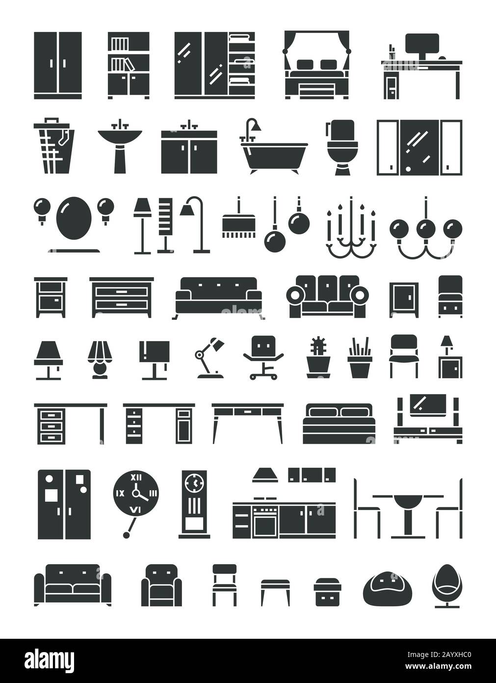 Icone vettoriali mobili per uso domestico. Set di mobili per la casa e l'ufficio, illustrazione mobili letto da tavolo e poltrona per camera Illustrazione Vettoriale