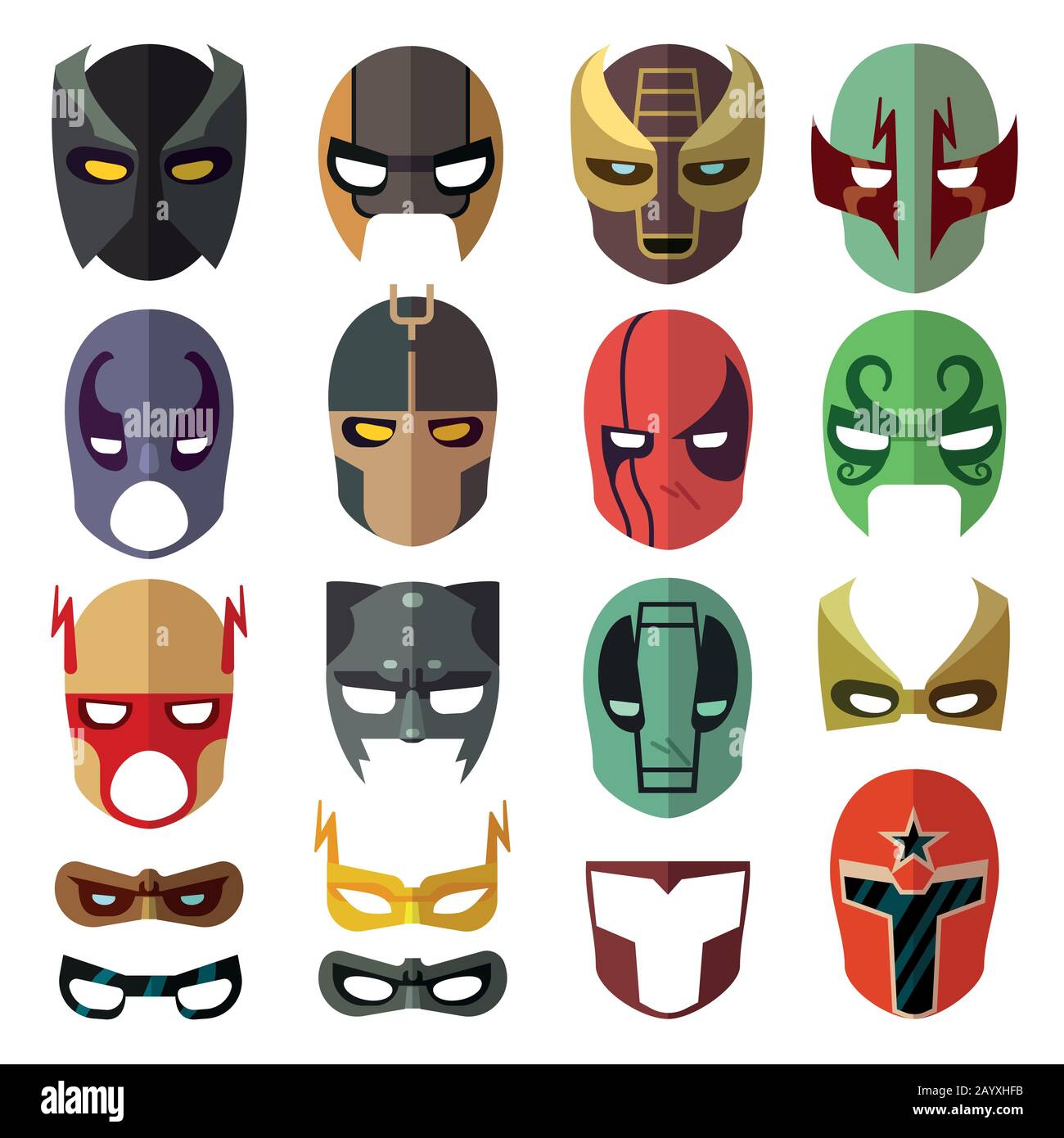 Maschere supereroi. Maschera eroica del costume di set e maschera dei cartoni animati per supereroe. Raccolta di piatti vettoriali Illustrazione Vettoriale