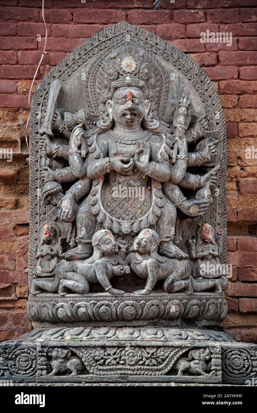 Dettaglio di un tempio in piazza Durbar in Bhaktapur Nepal, patrimonio mondiale dell'UNESCO Foto Stock