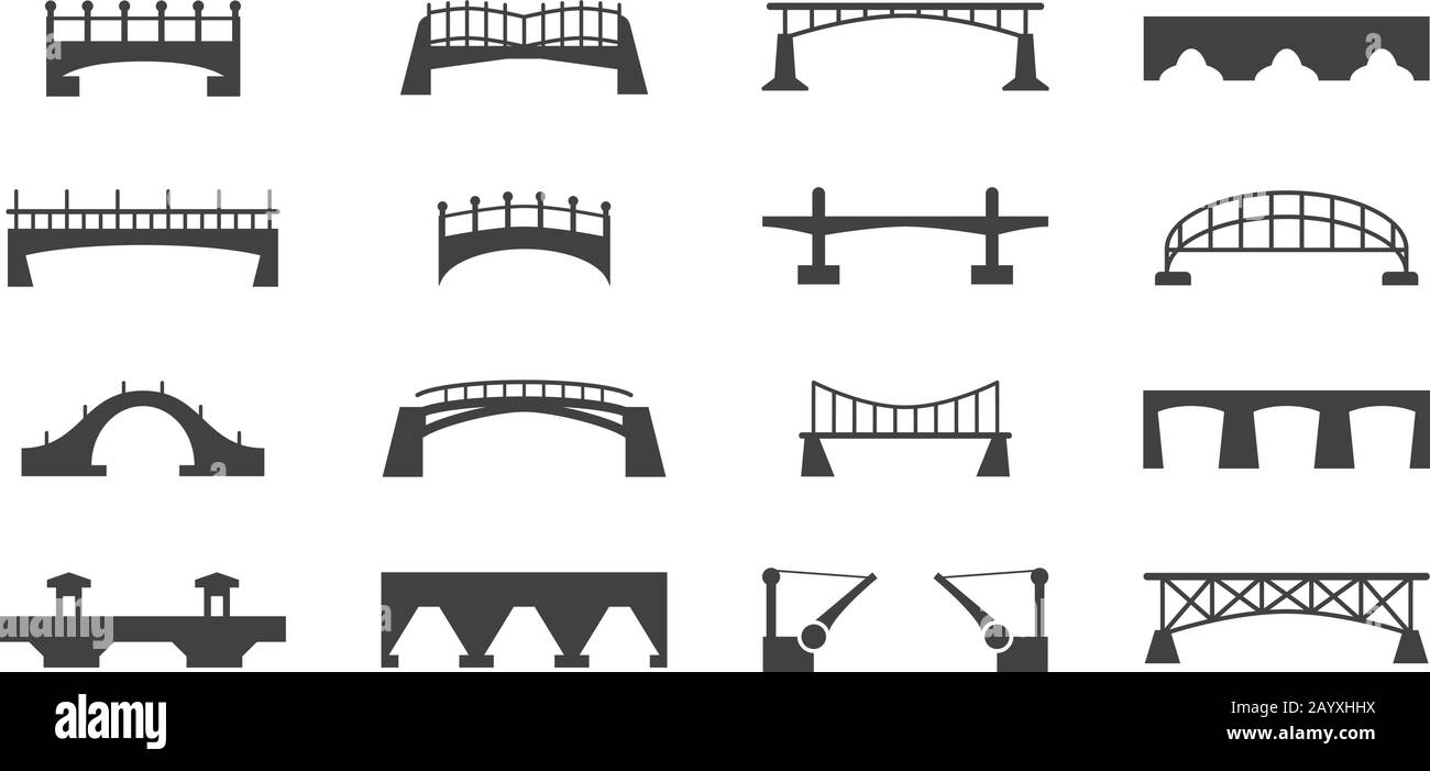Icone dei ponti Vector black isolate su sfondo bianco. Sagome per la costruzione di ponti urbani, illustrazione di ponti per il trasporto Illustrazione Vettoriale