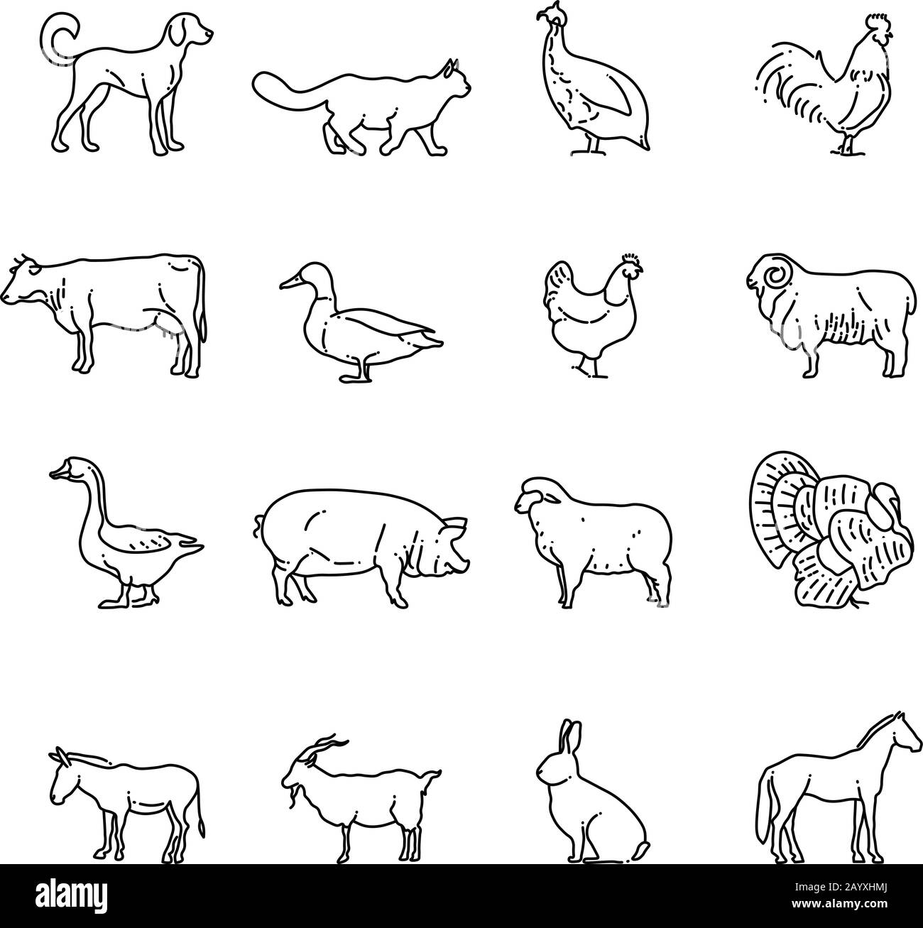 Animali da allevamento vettore sottile linea icone set. Contorni vacca, maiale, pollo, cavallo, coniglio, capra, asino, pecora, oche simboli. Set di animali da fattoria illustrazione pittogramma animale in stile linea Illustrazione Vettoriale