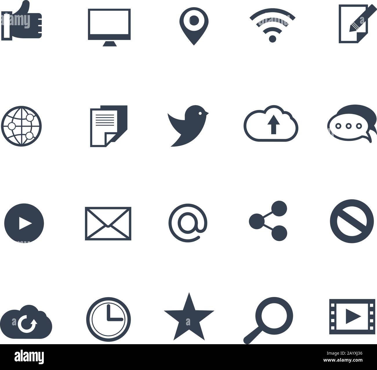 Set di icone dei social media e dei vettori di rete. Icona social network e media. Tecnologia di comunicazione nell'illustrazione dei social media Illustrazione Vettoriale
