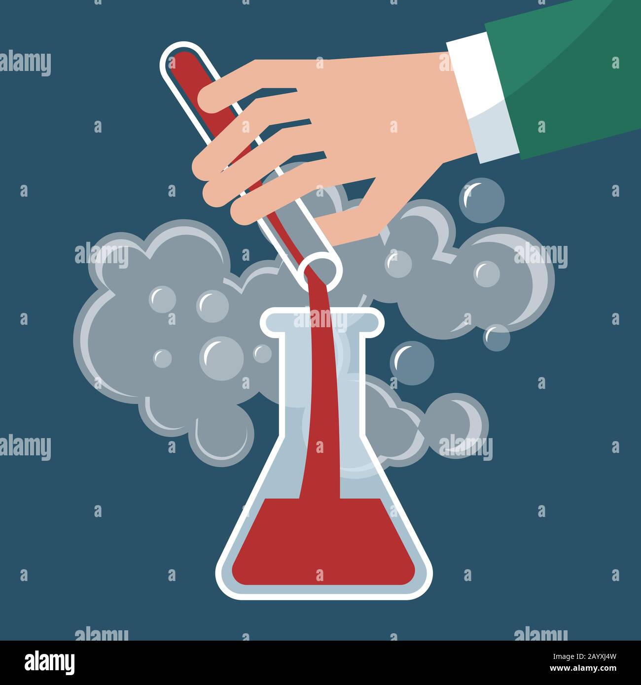 Chimica, illustrazione del vettore di esperimento chimico. Con la lampadina e il tubo di prova. Esperimento scientifico o test medico di ricerca Illustrazione Vettoriale