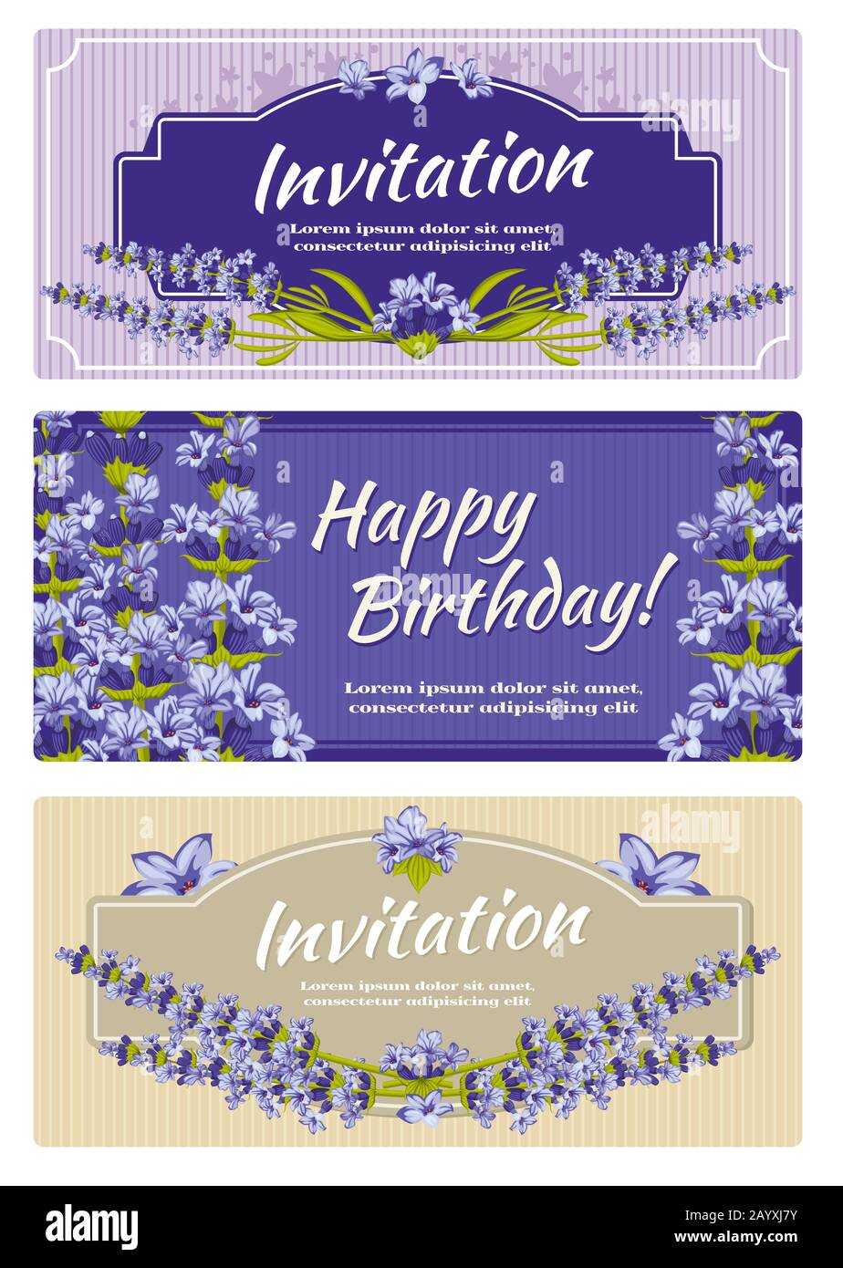 Biglietto di auguri, modello vettore invito matrimonio con fiori di lavanda. Biglietto d'invito per matrimonio e modello di biglietto con illustrazione di fiori di lavanda Illustrazione Vettoriale