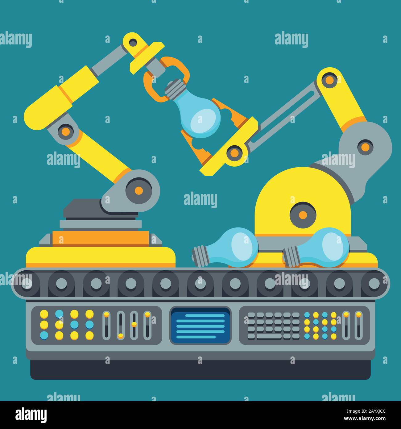 Linea di produzione robotica. Concetto di vettore macchina di produzione. Apparecchiature di processo industriale o illustrazione vettoriale della tecnologia di produzione di fabbrica Illustrazione Vettoriale