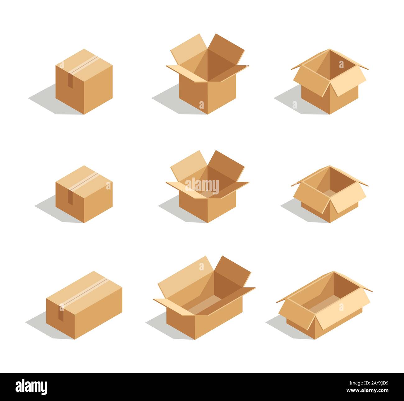 Set di scatole aperte isometriche 3d. Elemento pacchetto per la consegna, illustrazione vettoriale Illustrazione Vettoriale