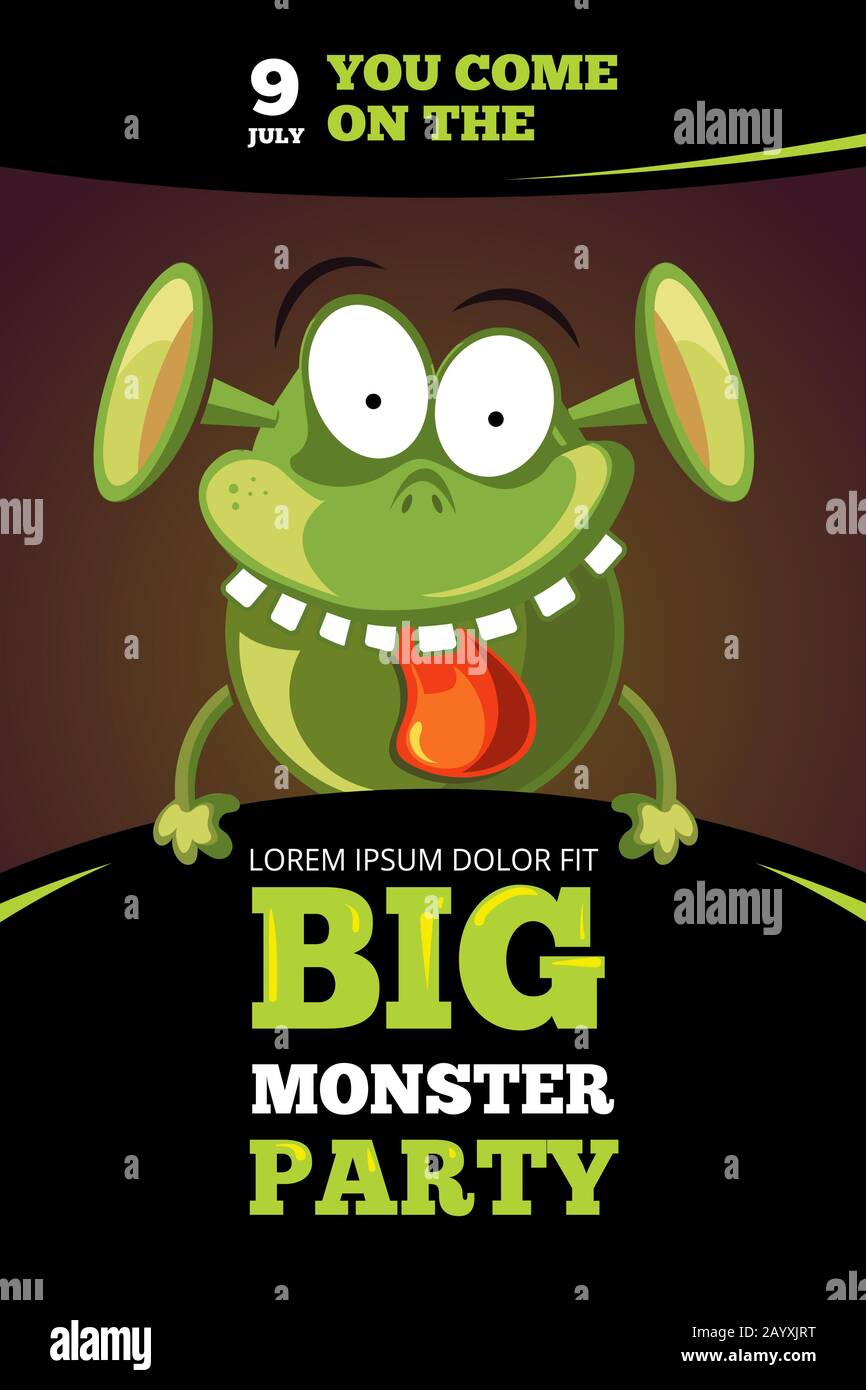 Illustrazione del vettore di festa del mostro. Mostro con lingua e denti, modello di poster per festa con mostro Illustrazione Vettoriale