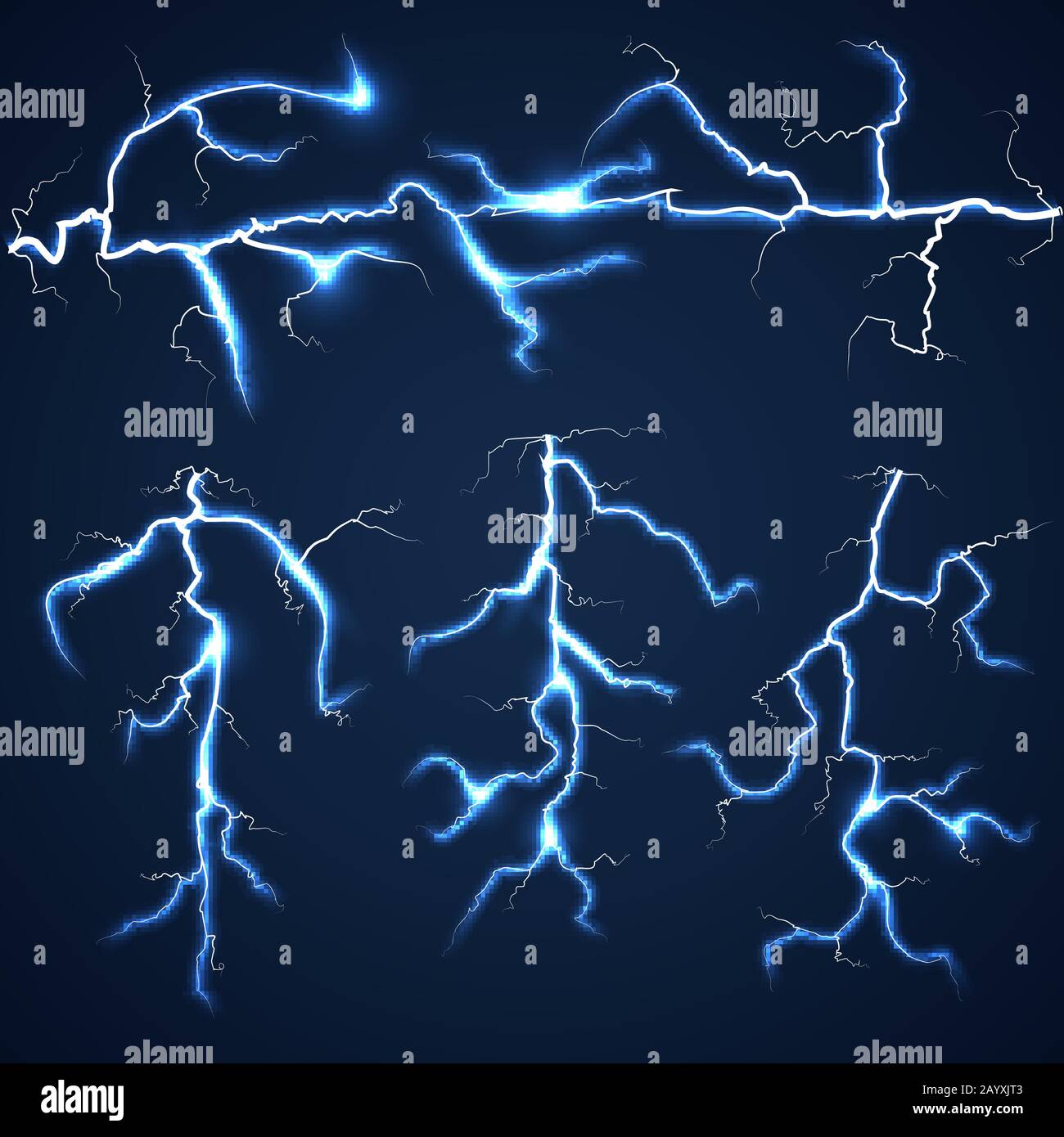 Fulmini su cielo scuro set. Tempesta e flash luminoso, immagine vettore di luce estiva Illustrazione Vettoriale