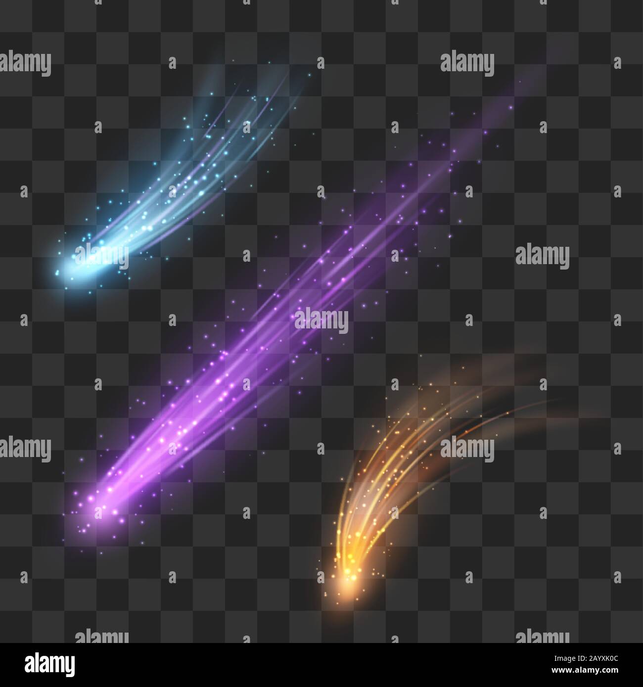 vettore di colore meteor e comet su sfondo plaid trasparente. Meteor nello spazio cadendo e illustrazione glitter brillante comet o meteor Illustrazione Vettoriale