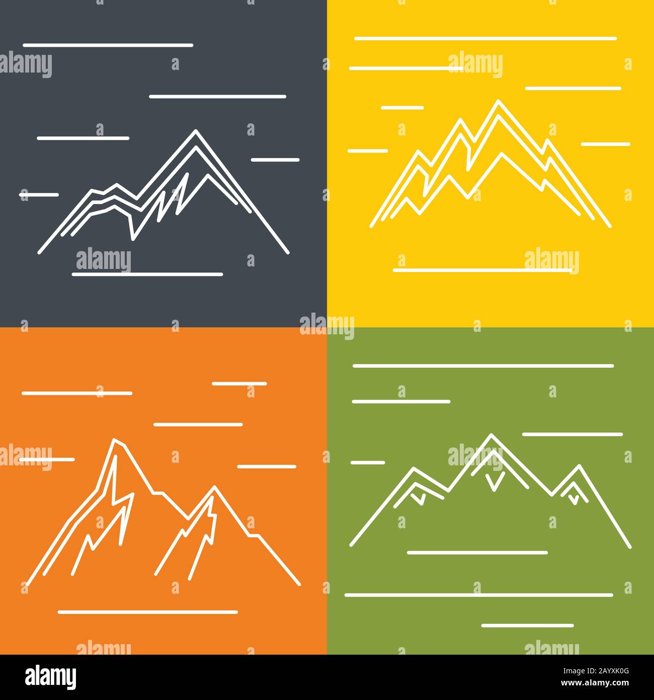 Icone piatte di montagna con sole su sfondo a colori. Logo per turismo di montagna, illustrazione vettoriale Illustrazione Vettoriale
