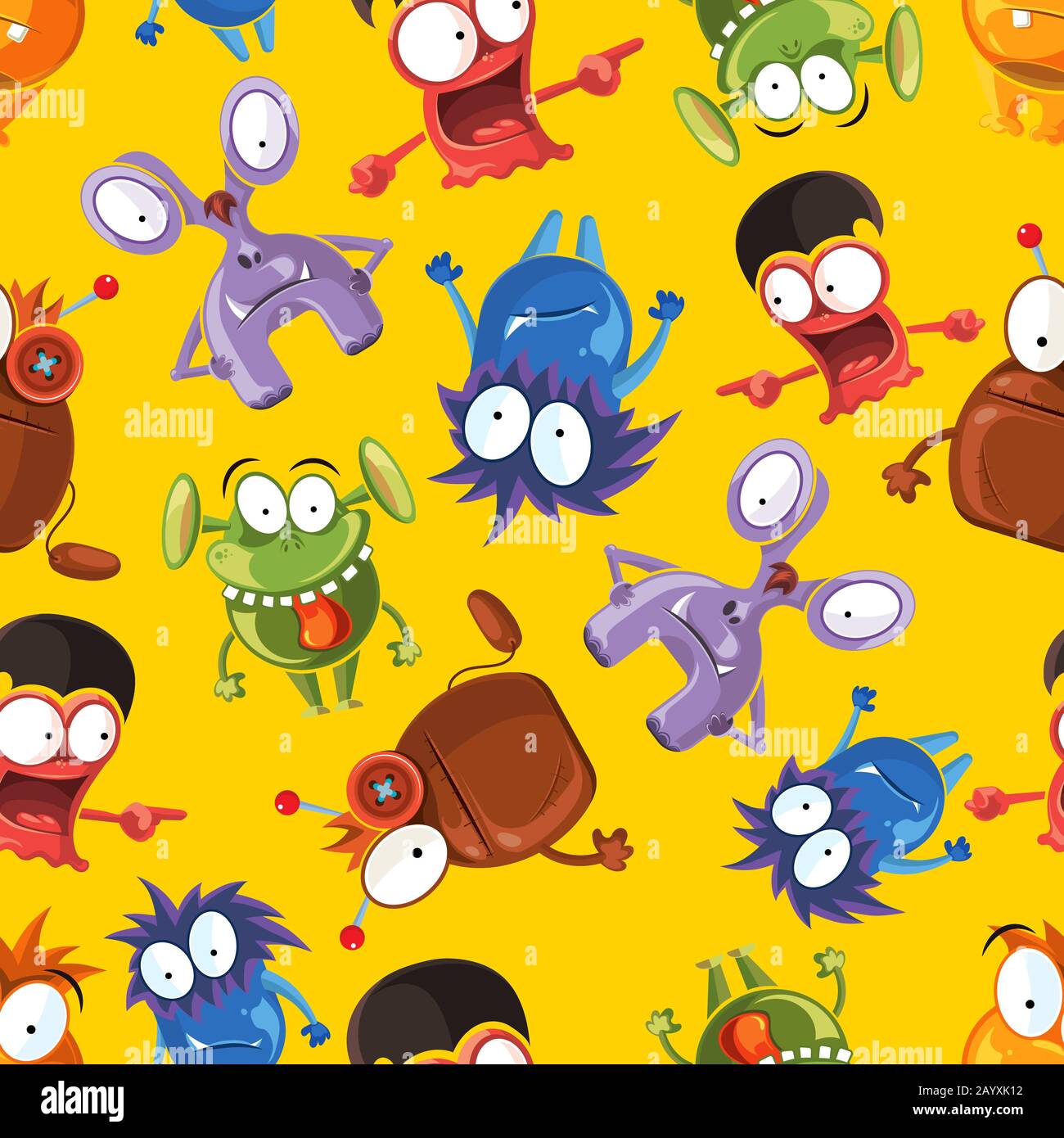 Vettore senza cuciture pattern con mostri carino. Divertenti personaggi mostruosi su sfondo giallo Illustrazione Vettoriale