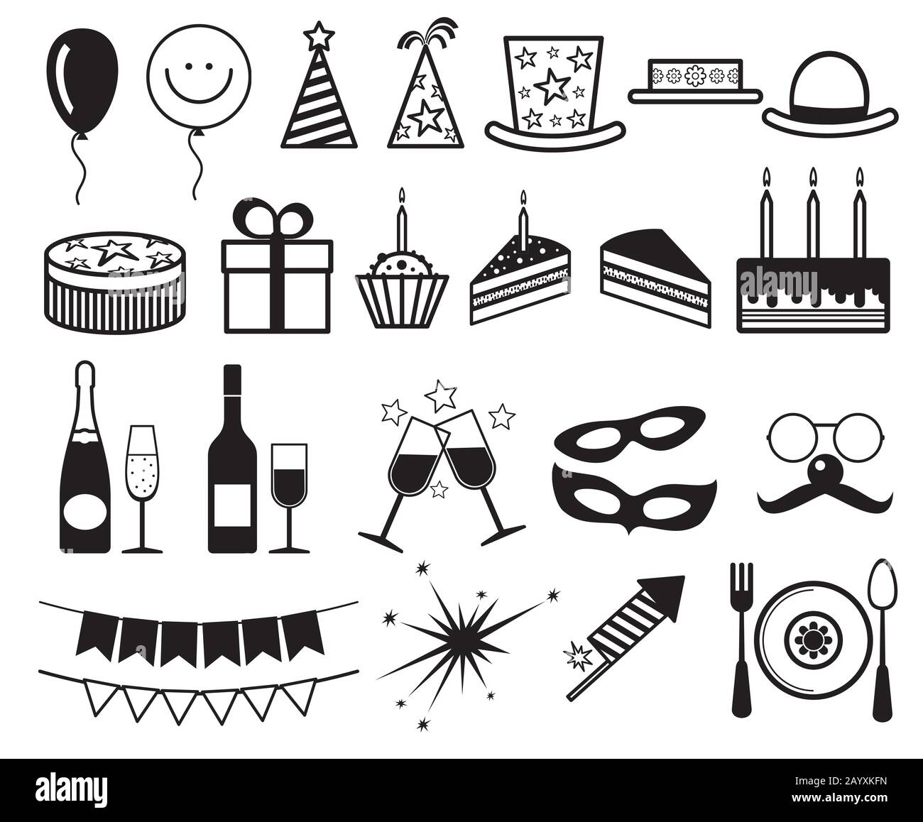 Celebrazione, festa icone vettoriali. Champagne e torta per feste, illustrazione regalo e feste Illustrazione Vettoriale