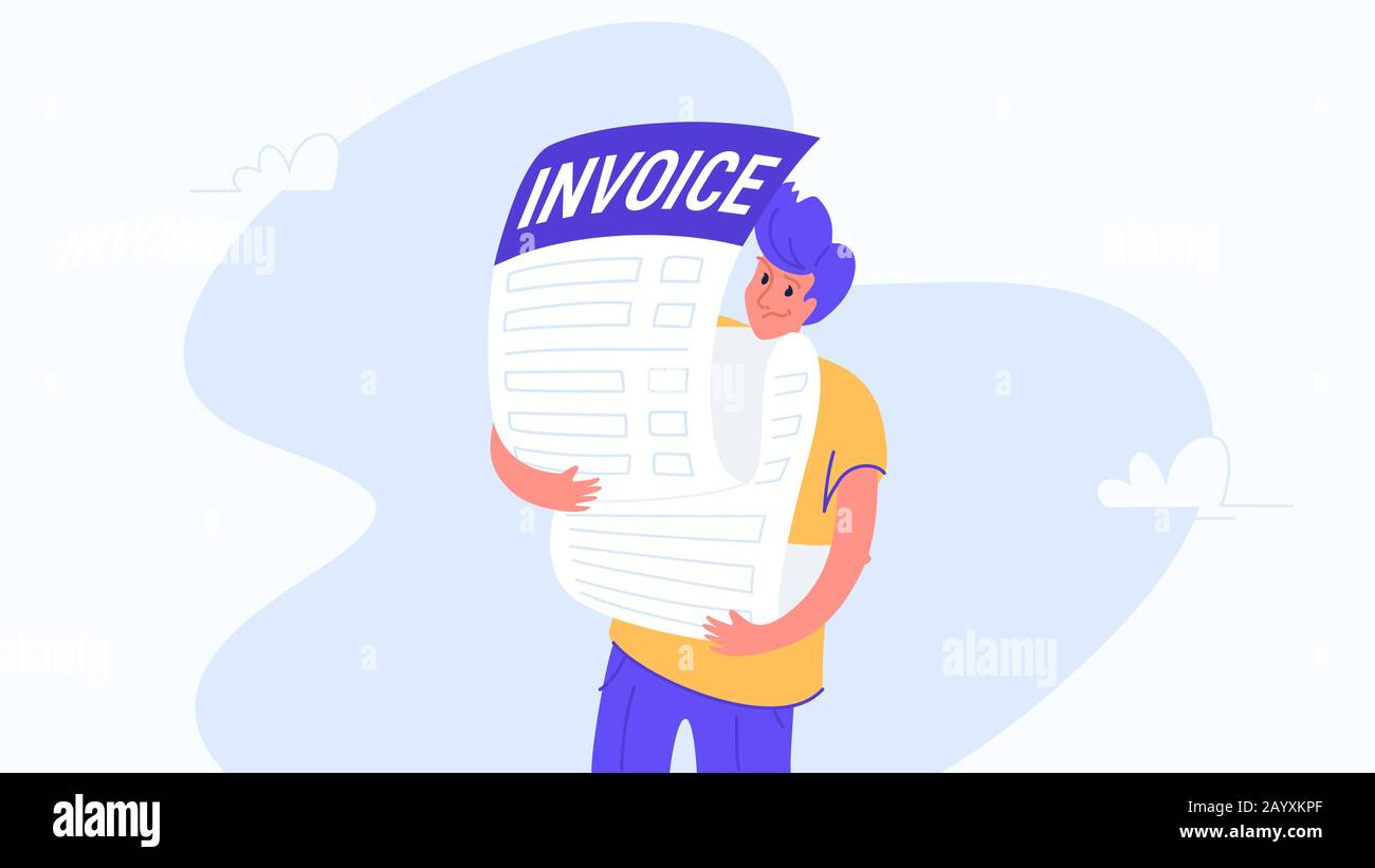 Giovane uomo arrabbiato che abbraccia grande fattura pesante. Concetto piatto moderno vettore illustrazione del peso di ricevere bollette enormi. Design casual di persone che hanno bisogno Illustrazione Vettoriale