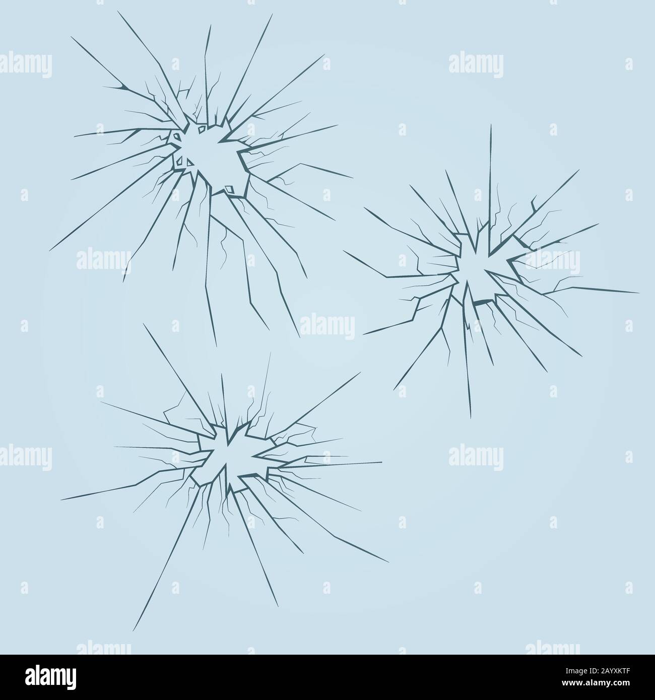 Set di vettori in vetro frantumato schiacciato. Illustrazione dettagliata del vetro di distruzione del telaio, vetro con apertura incrinata Illustrazione Vettoriale