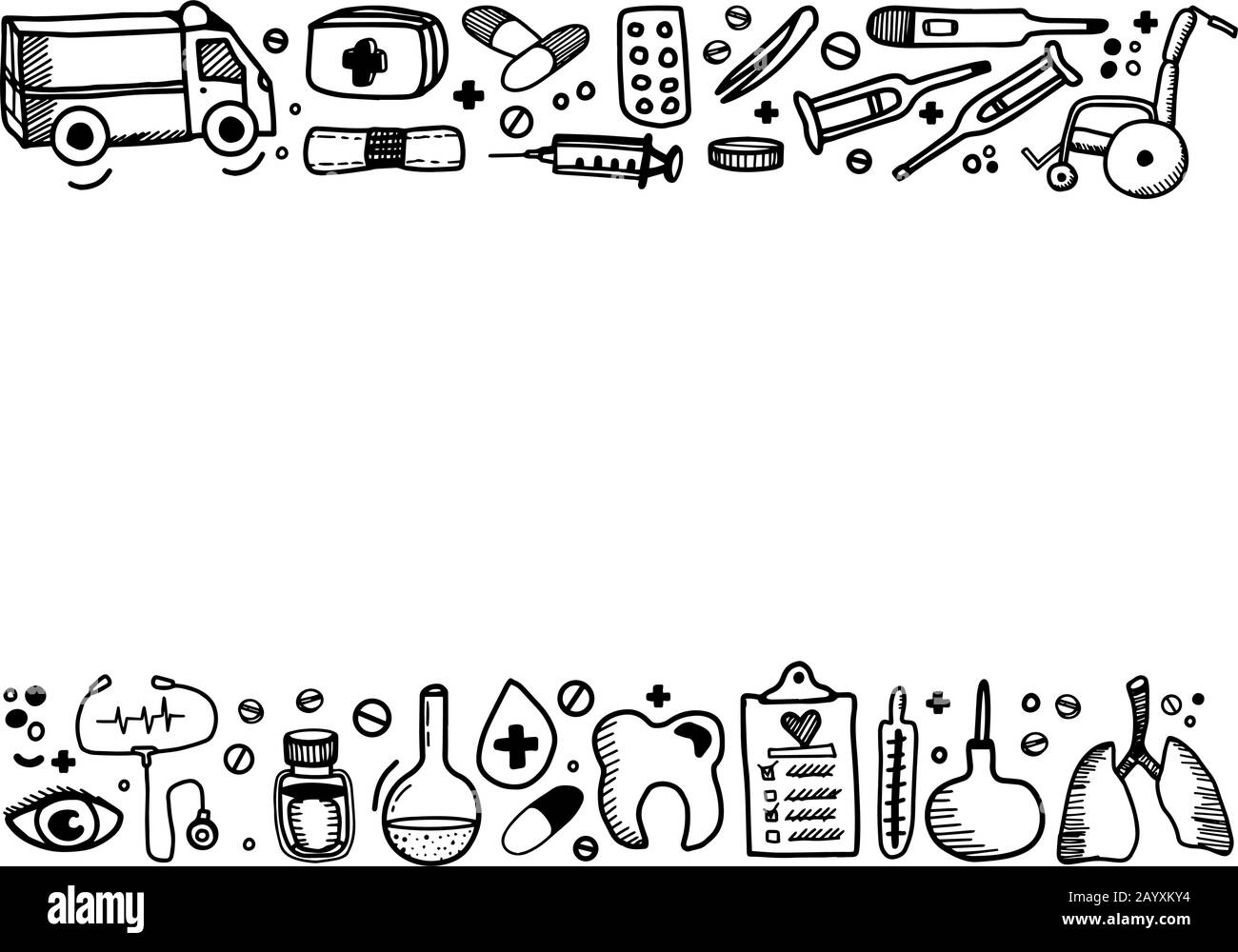 Cornice orizzontale con apparecchiature mediche in stile doodle isolato su sfondo bianco. Illustrazione del contorno del vettore. Illustrazione Vettoriale