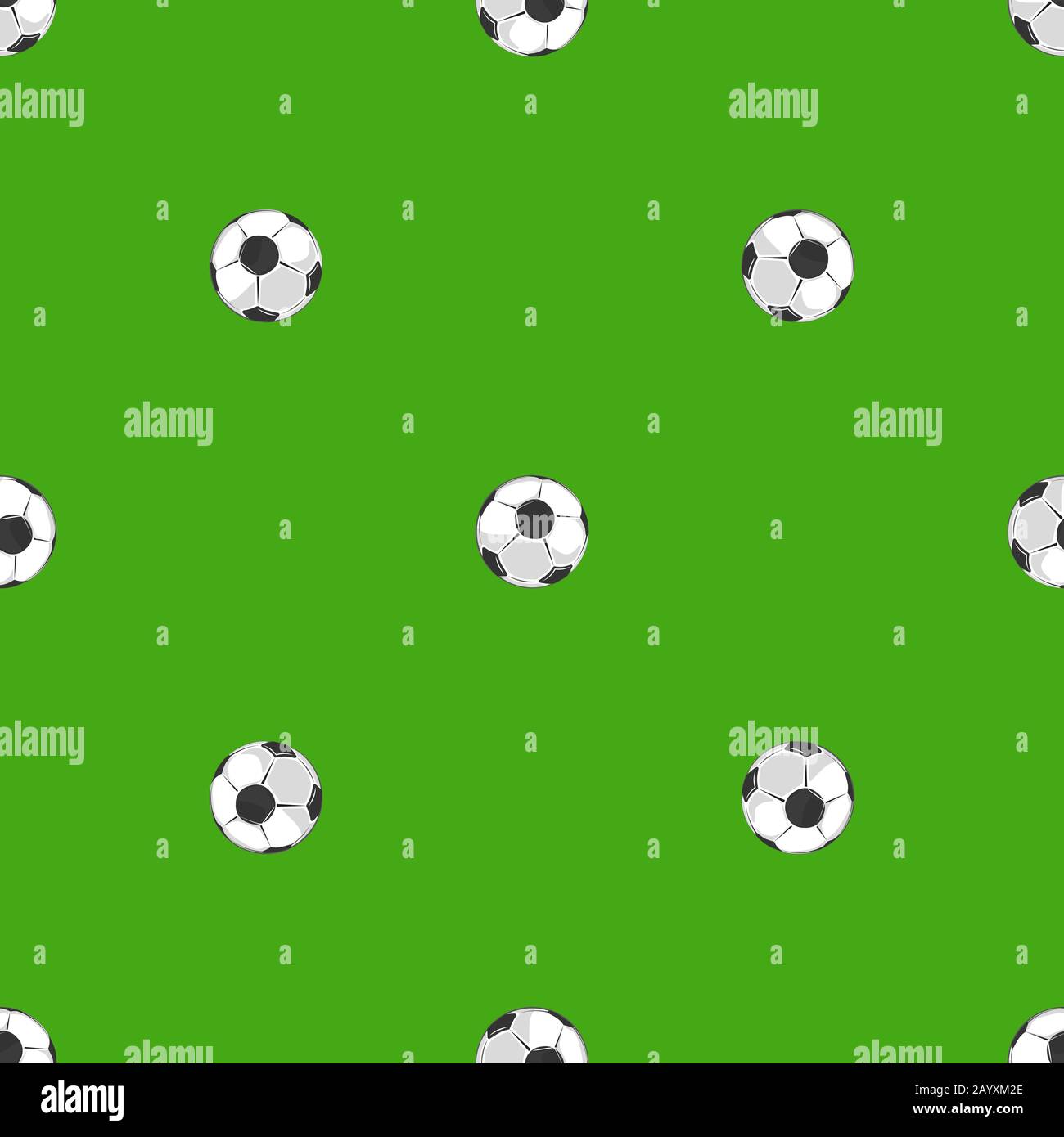 Palloni da calcio su campo verde senza cuciture modello. Sfondo partita di calcio per il campionato, illustrazione vettoriale Illustrazione Vettoriale