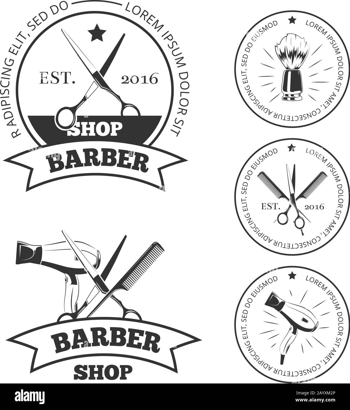 Set di loghi vettoriali per barbiere d'epoca. Etichette per barbiere o fregi per barbiere con pettine e forbici, asciugacapelli e spazzola per rasatura Illustrazione Vettoriale