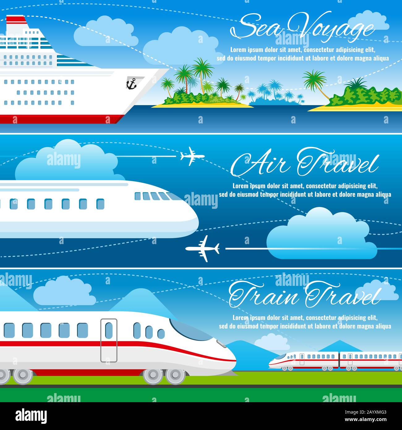 Viaggi estivi banner vettoriali orizzontali set con aereo, treno e nave Illustrazione Vettoriale