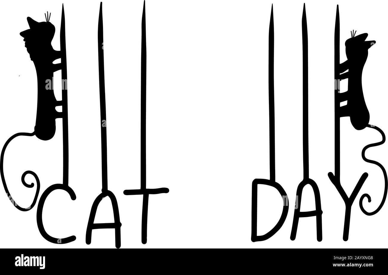 Cat giorno disegnato a mano lettering isolato su sfondo bianco. Illustrazione del contorno del vettore. Gatti carino silhouette nera. Illustrazione Vettoriale