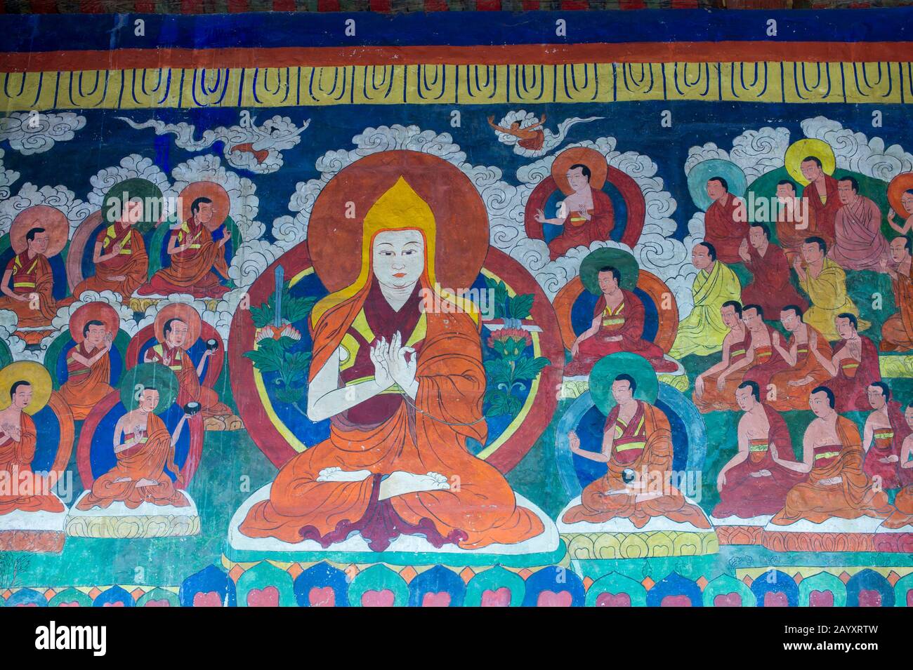 Dipinto a muro all'interno del tempio occidentale di Zuu, parte del complesso del monastero di Erdene Zuu a Kharakhorum, Mongolia, il più grande monastero della Mongolia (UNESCO Worl Foto Stock