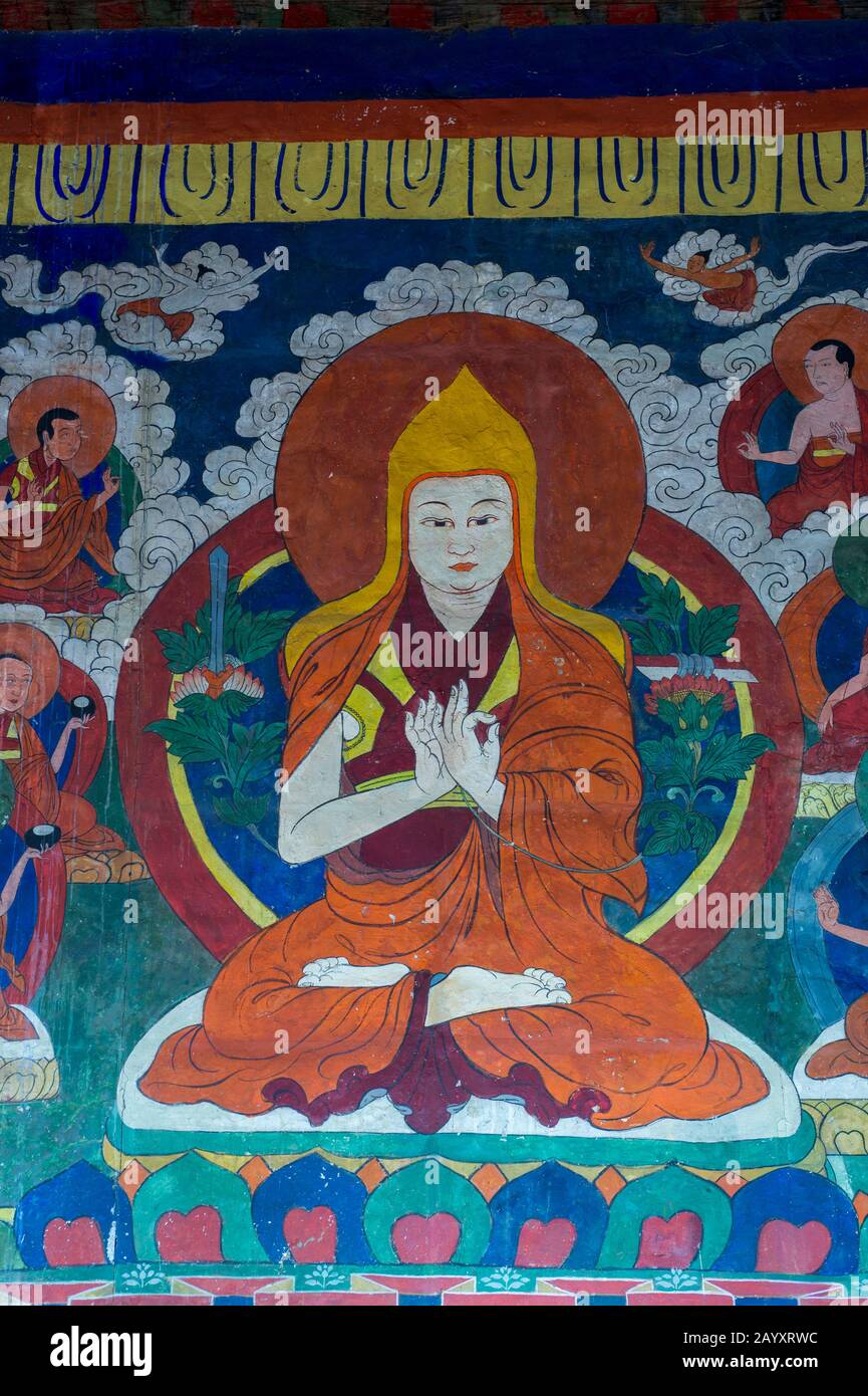 Dipinto a muro all'interno del tempio occidentale di Zuu, parte del complesso del monastero di Erdene Zuu a Kharakhorum, Mongolia, il più grande monastero della Mongolia (UNESCO Worl Foto Stock