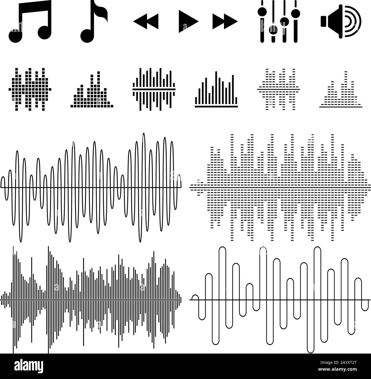 Equalizzatore, musica, onde sonore icone vettoriali. Musica equalizzatrice di onde e frequenze. Illustrazione della melodia dell'equalizzatore audio Illustrazione Vettoriale