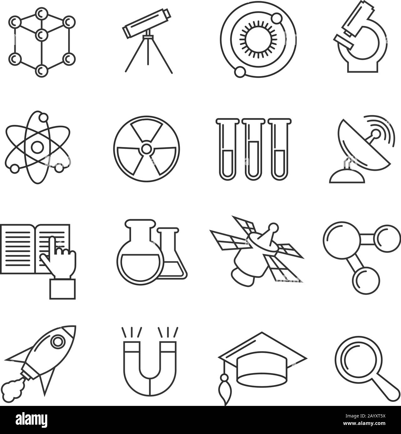 Set di icone della linea sottile del vettore scientifico. Ricerca e studio scienza, scienza radioattiva icone di set illustrazione Illustrazione Vettoriale