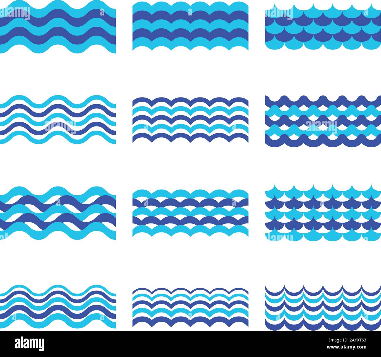 Set di vettori per onde marine, marine e oceaniche. Elemento onda acqua di mare, disegno oceano onda per disegno di fotoricettore Illustrazione Vettoriale