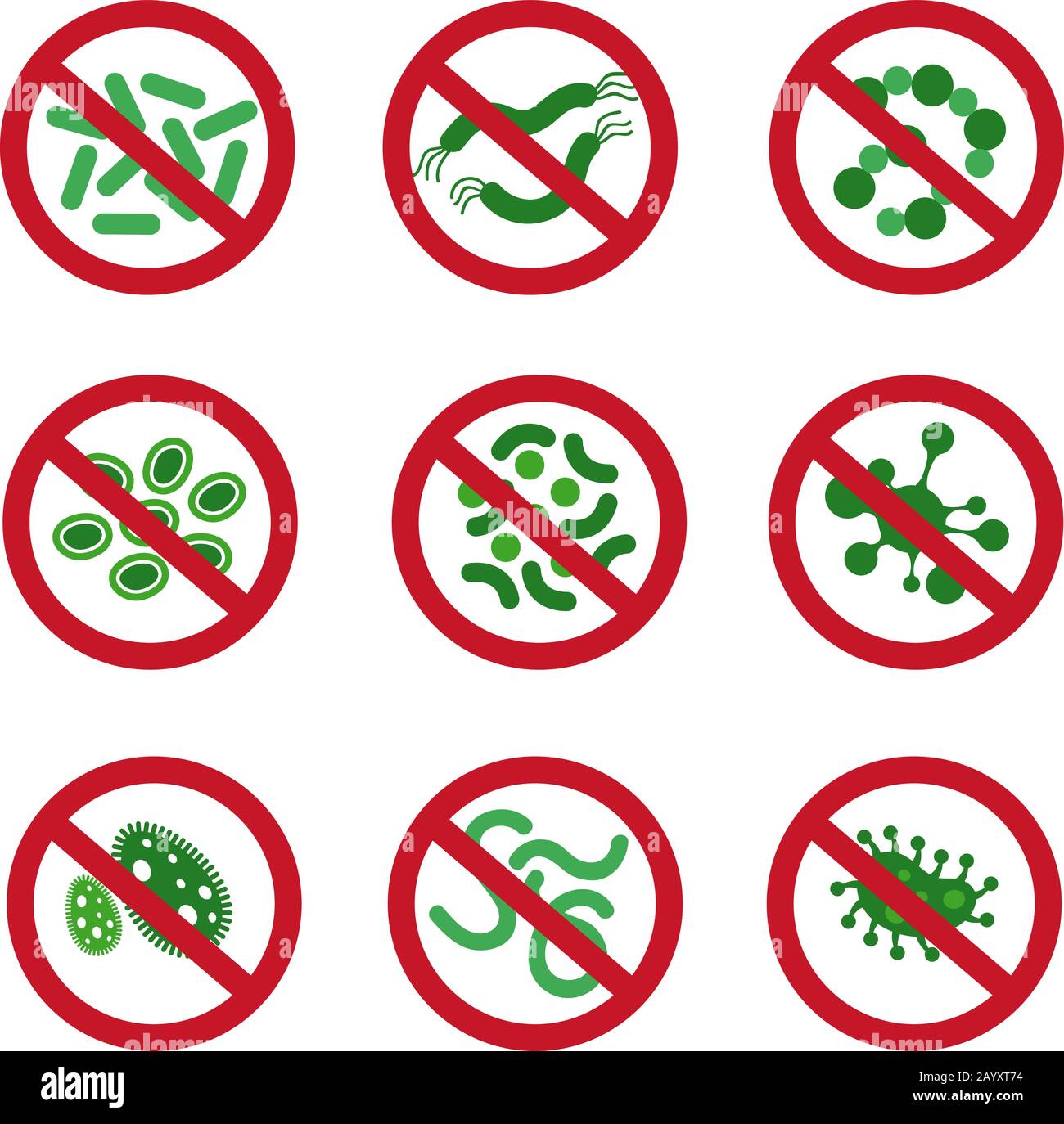 Icone antibatteriche con germe. I batteri uccidono il simbolo del vettore. Controllare i segni di infezione. Set di simboli antibatterici e illustrazione del divieto antibatterico Illustrazione Vettoriale