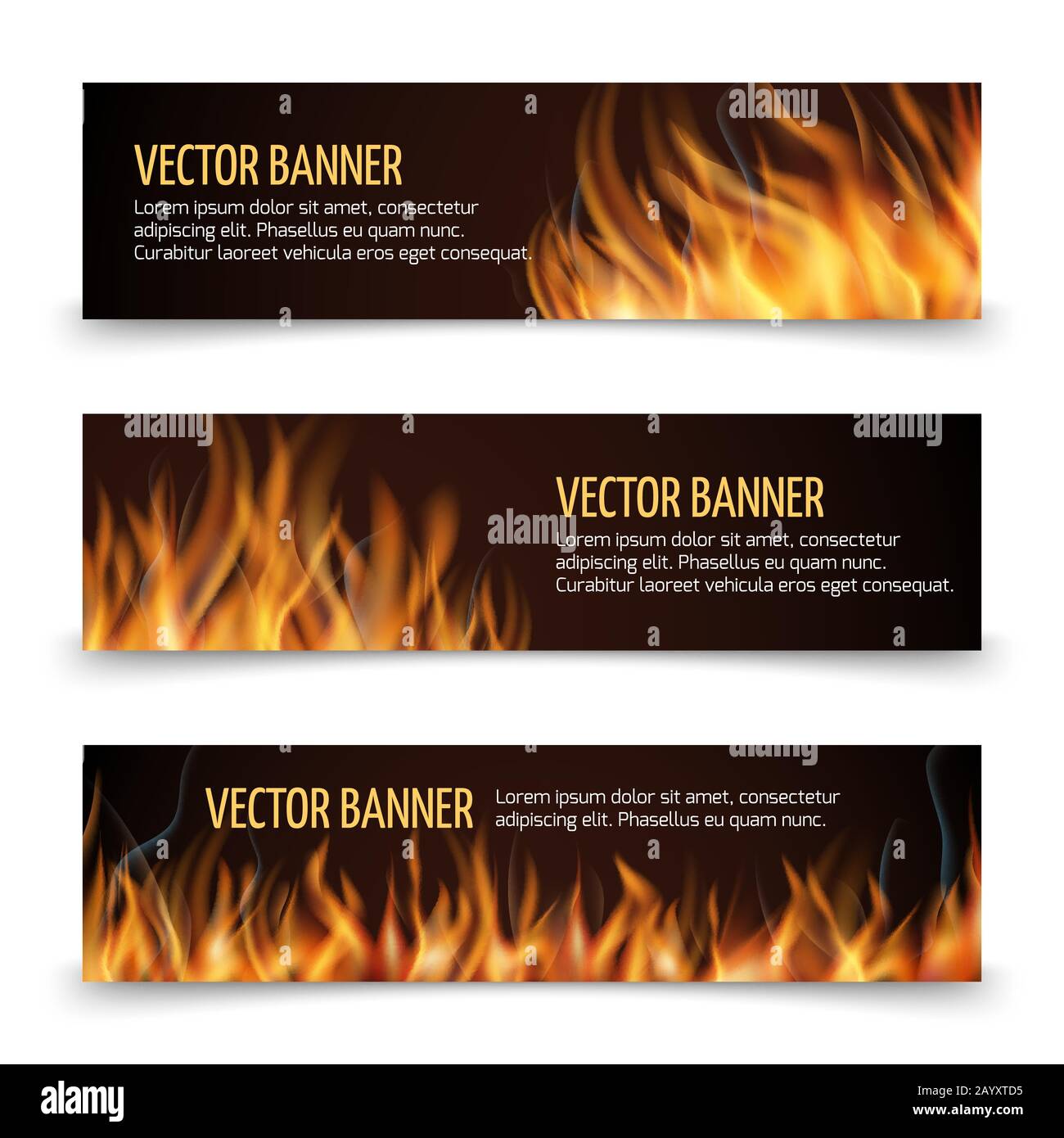Set di banner orizzontali vettoriali per pubblicità Hot Fire. Banner con fiamma e fuoco, banner pubblicitari fuoco illustrazione Illustrazione Vettoriale