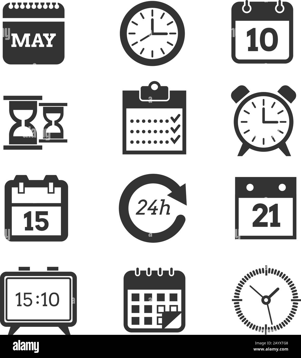 Icone vettore orario e programma. Set di orologi e calendari, illustrazione del calendario dei pittogrammi e orologio per le imprese Illustrazione Vettoriale