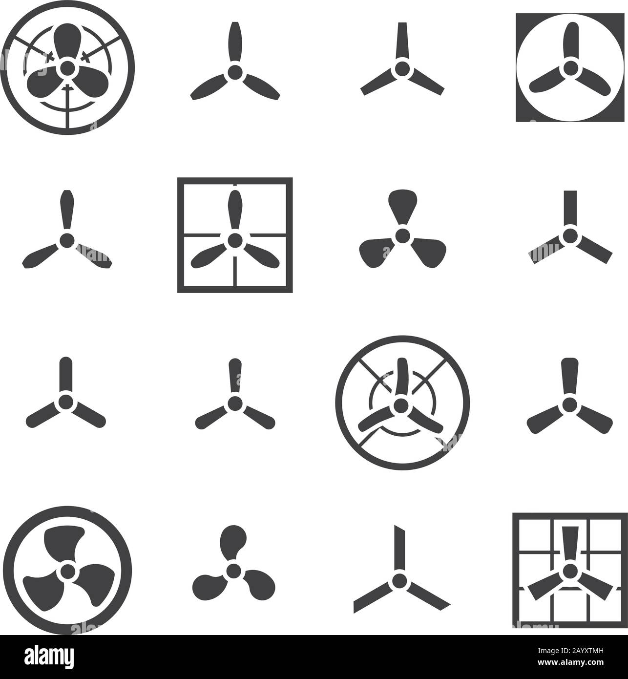 Ventole, eliche icone vettoriali impostate. Ventilatore e raffreddatore elettrico con illustrazione della pala Illustrazione Vettoriale