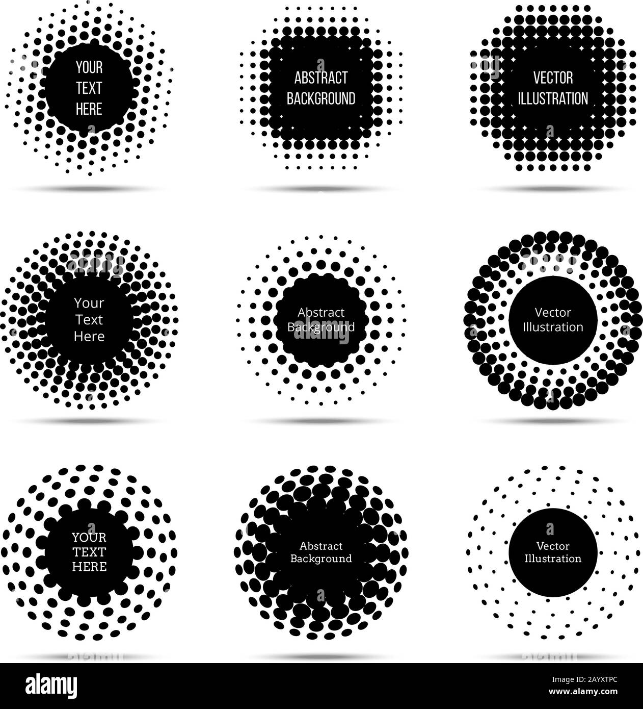 Elementi vettoriali di design tondi mezzitoni. Set di banner pop art circolari. Elemento monocromatico con illustrazione dei punti neri Illustrazione Vettoriale