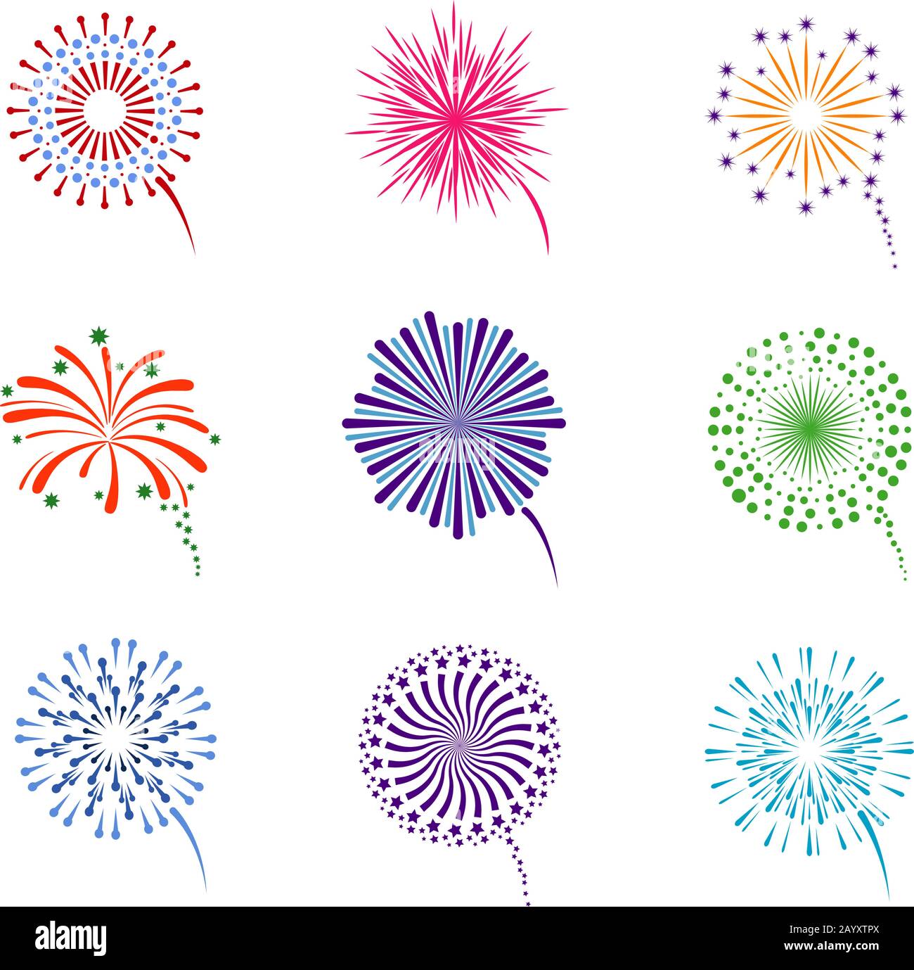 Set di vettori di visualizzazione fuochi d'artificio. Pirotecnica per la celebrazione di eventi nuovo anno illustrazione Illustrazione Vettoriale