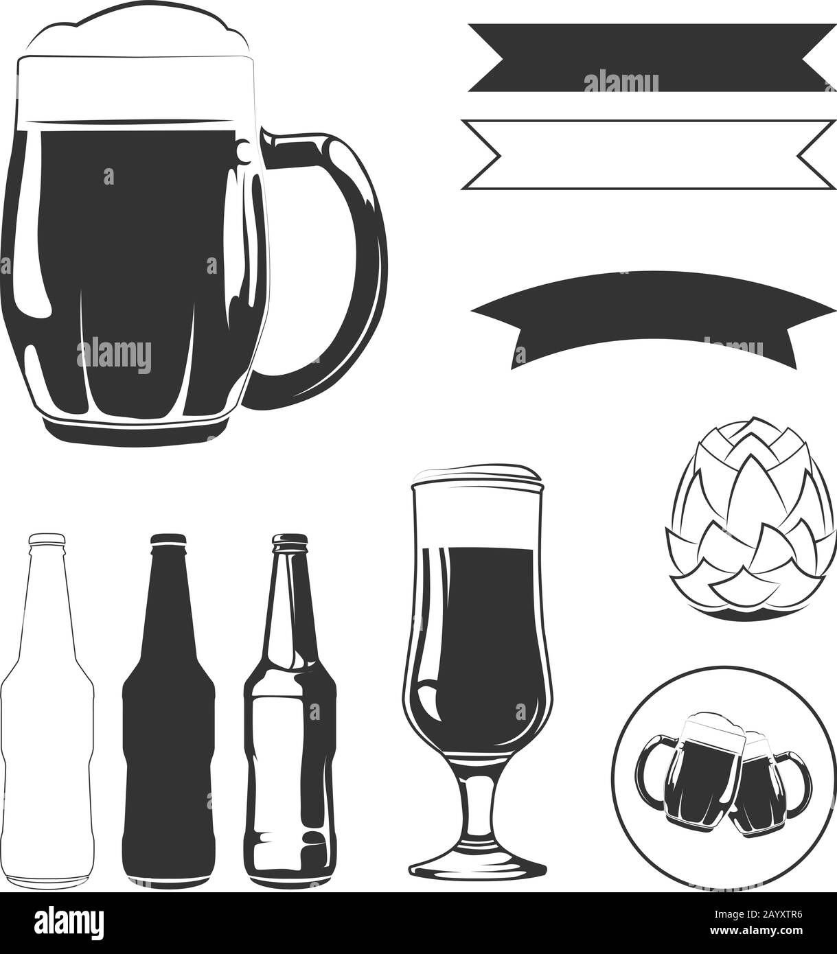 Elementi per etichette di birra vettoriale vintage. Bicchiere e bottiglie di birra, bevande alcoliche per logo Illustrazione Vettoriale