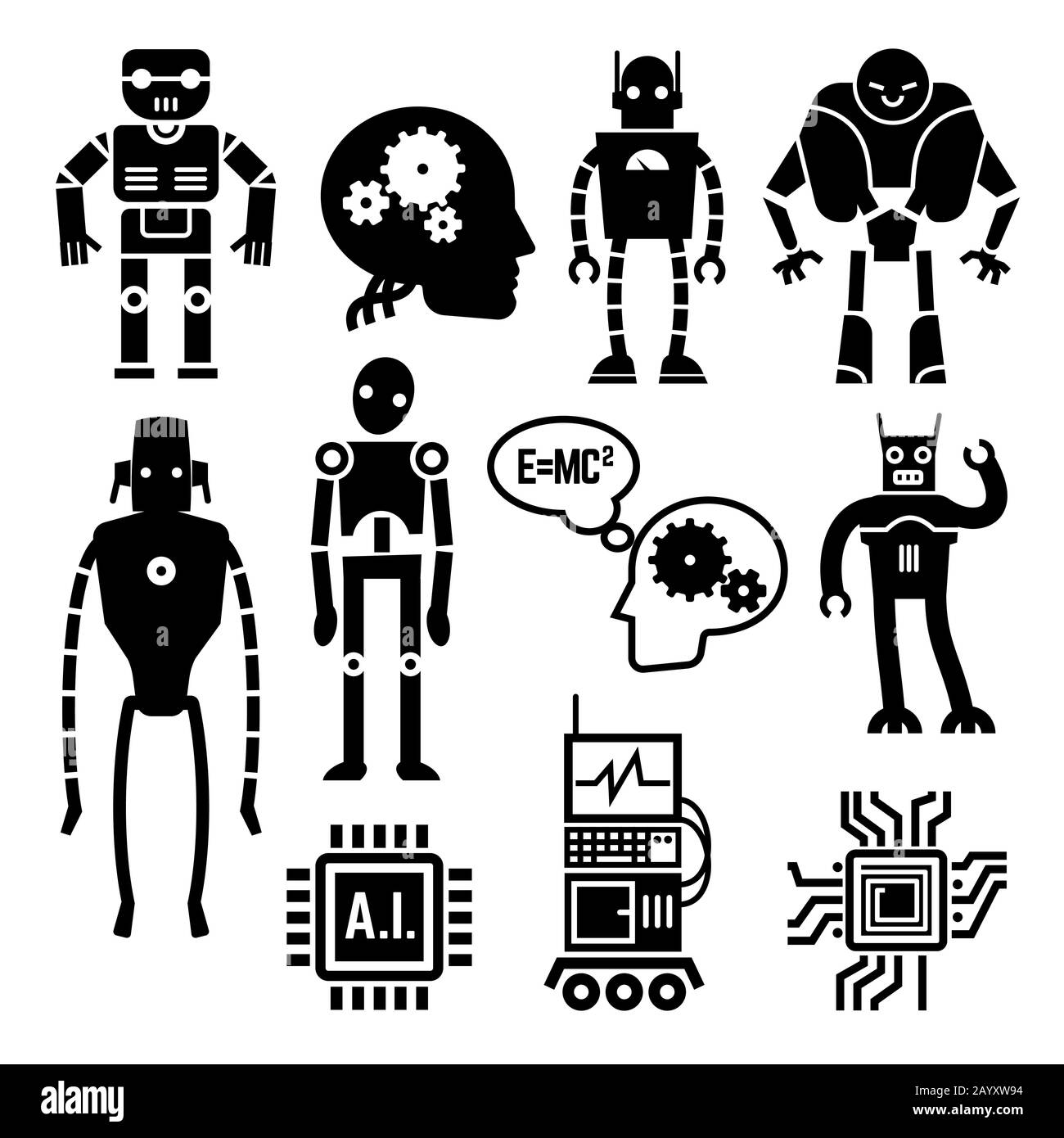 Robot e cyborg, androidi e icone vettori di intelligenza artificiale. Cyborg macchina con intelligenza artificiale e giocattolo androidi con ai Illustrazione Vettoriale