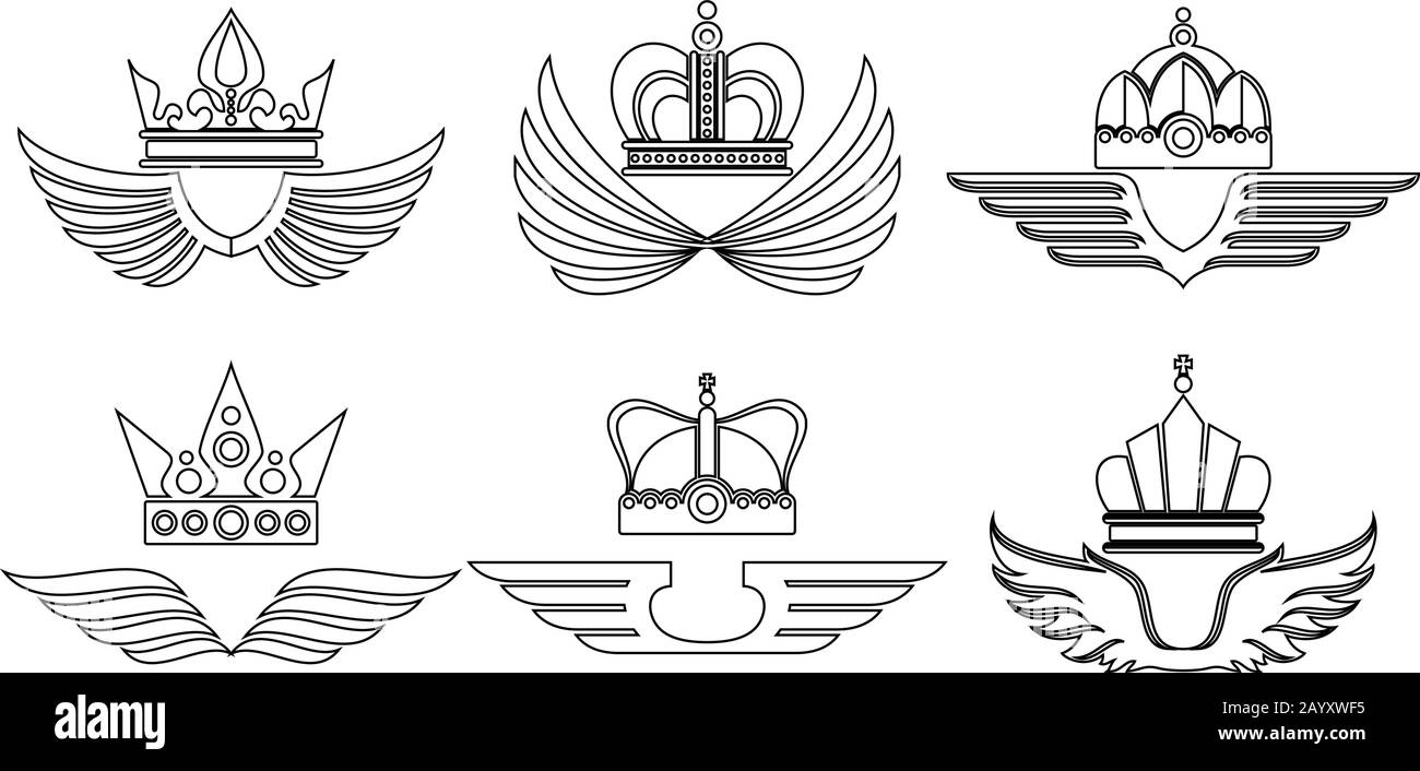 Set di loghi lineari a corona con alette Illustrazione Vettoriale