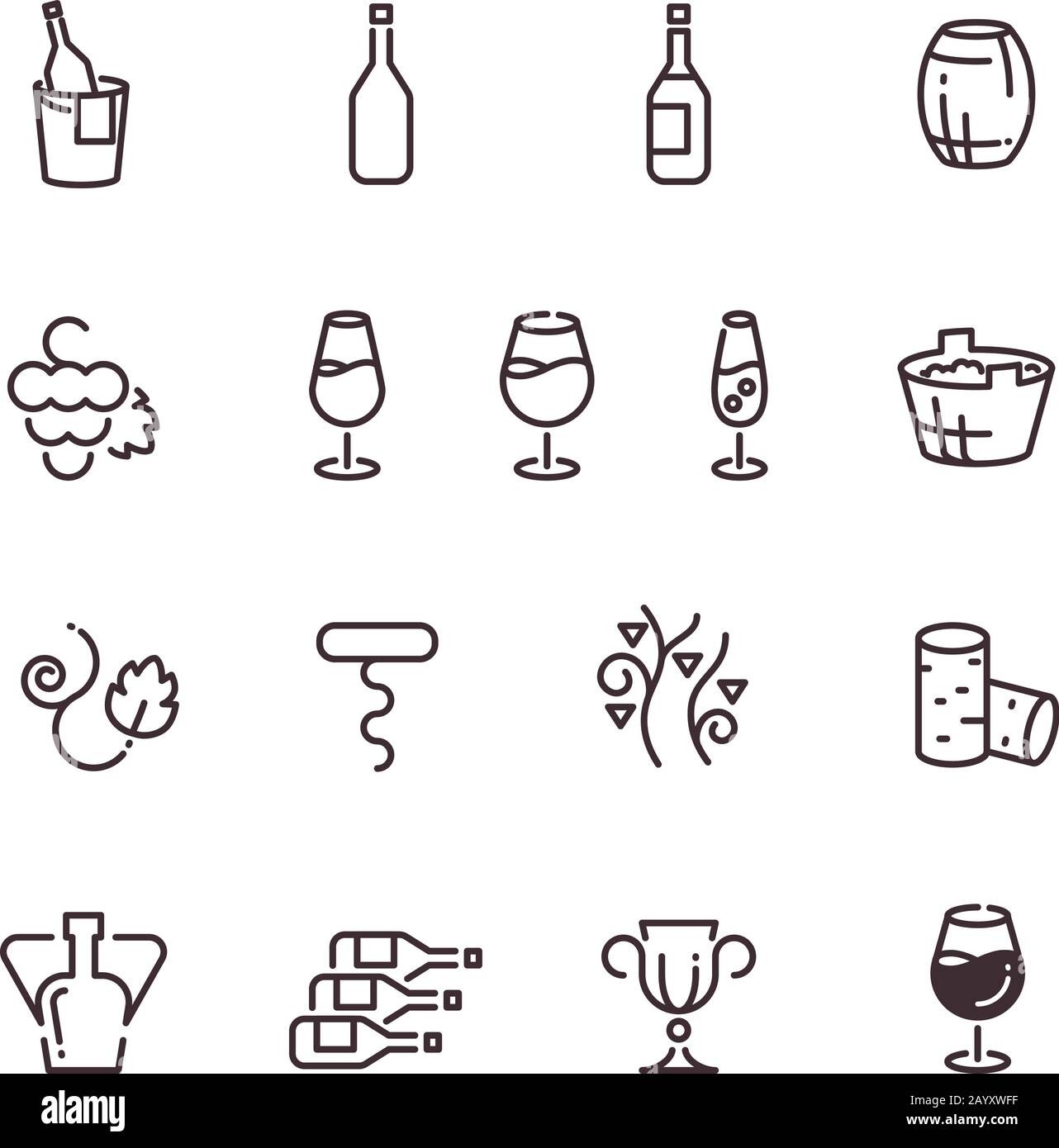 Vino sommelier cantina sottile vettore icone. Calice lineare in vetro e illustrazione di bottiglie Illustrazione Vettoriale