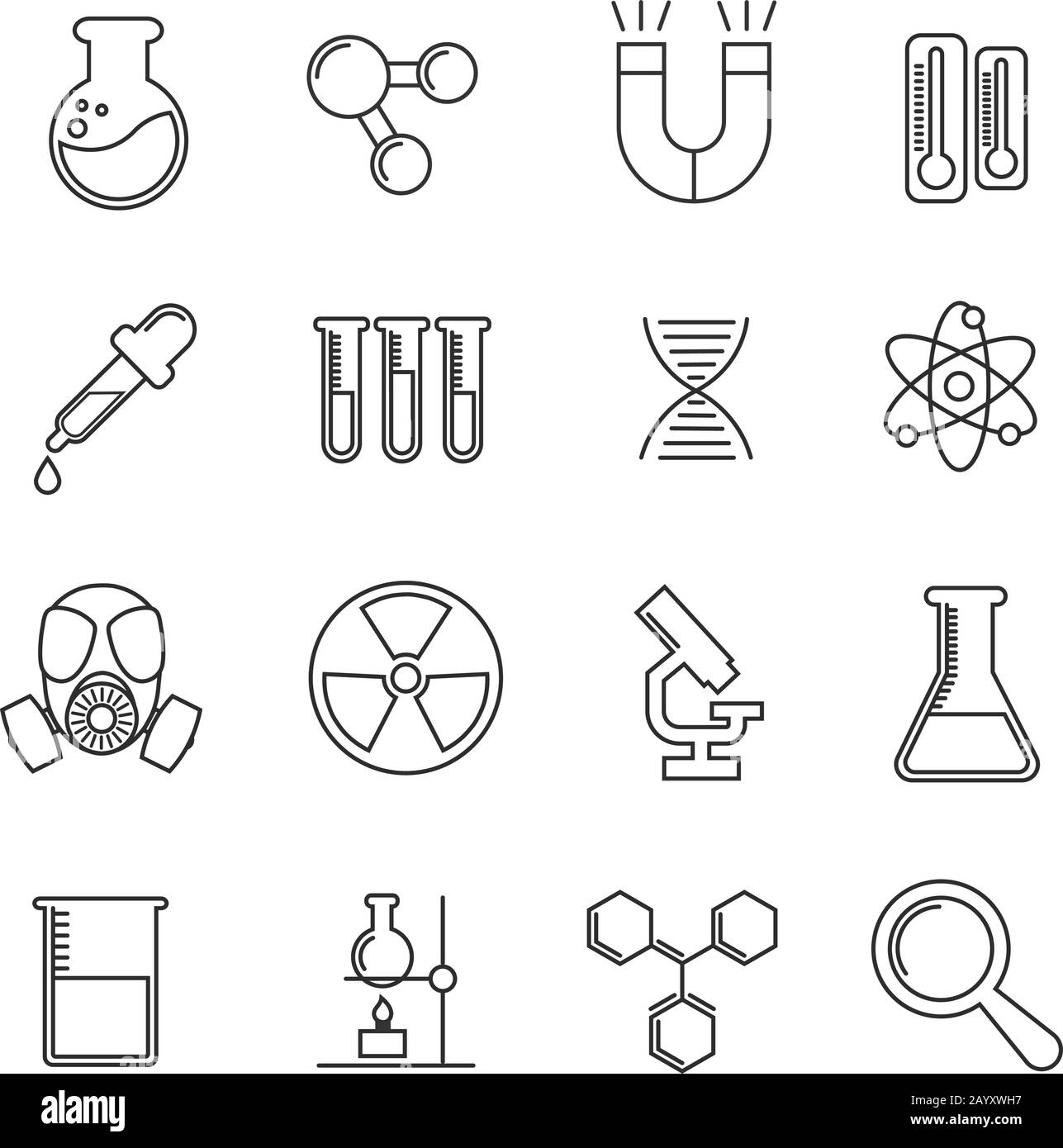 Set di icone della linea sottile del vettore chimica. Illustrazione chimica scientifica e microscopio con matraccio per la chimica dello studio Illustrazione Vettoriale