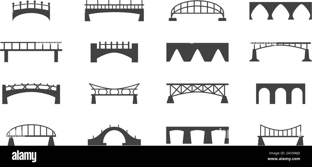 Insieme di icone vettoriali ponti. Sagoma nera della struttura del ponte, del fiume e della ferrovia Illustrazione Vettoriale