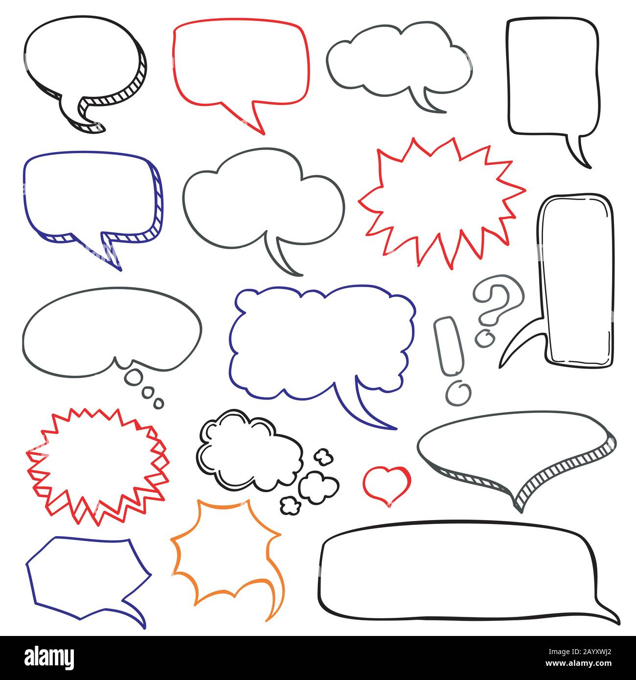 Set di vettori di doodle cloud bolle vocali disegnate a mano. Bolla per la raccolta di messaggi e parlato Illustrazione Vettoriale