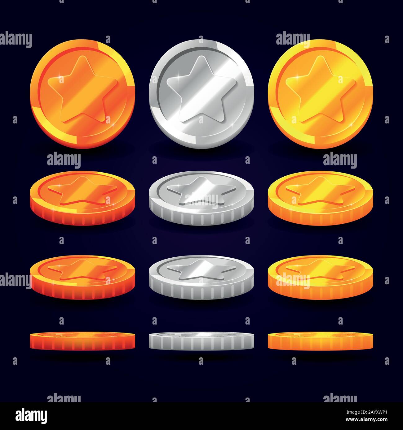 Monete d'oro, d'argento e di rame in posizioni diverse. Elementi vettoriali per animazioni e giochi per computer. Set di monete metalliche, illustrazione di moneta moneta Illustrazione Vettoriale