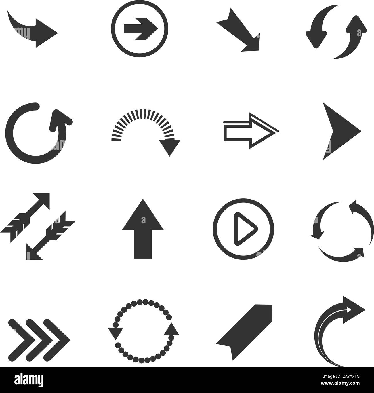 Icone freccia. Set vettoriale di frecce rotonde, segni di annullamento e ripetizione, frecce di riciclo su sfondo bianco Illustrazione Vettoriale