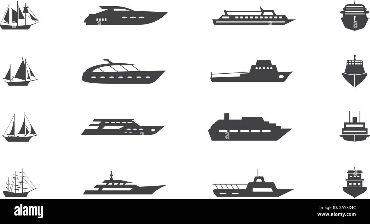 Icona vettore nave e imbarcazione. Set di nave per il viaggio, illustrazione barca e nave per il trasporto in acqua Illustrazione Vettoriale