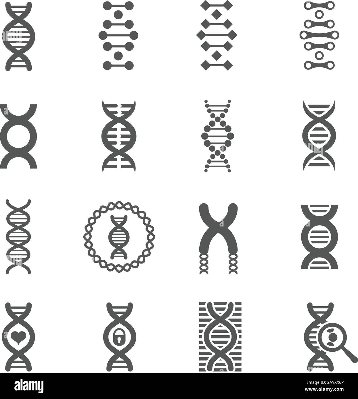 Icone nere del vettore a spirale del DNA. Biologia segni genetici e simboli di molecole di dna per chimica o biologia Illustrazione Vettoriale